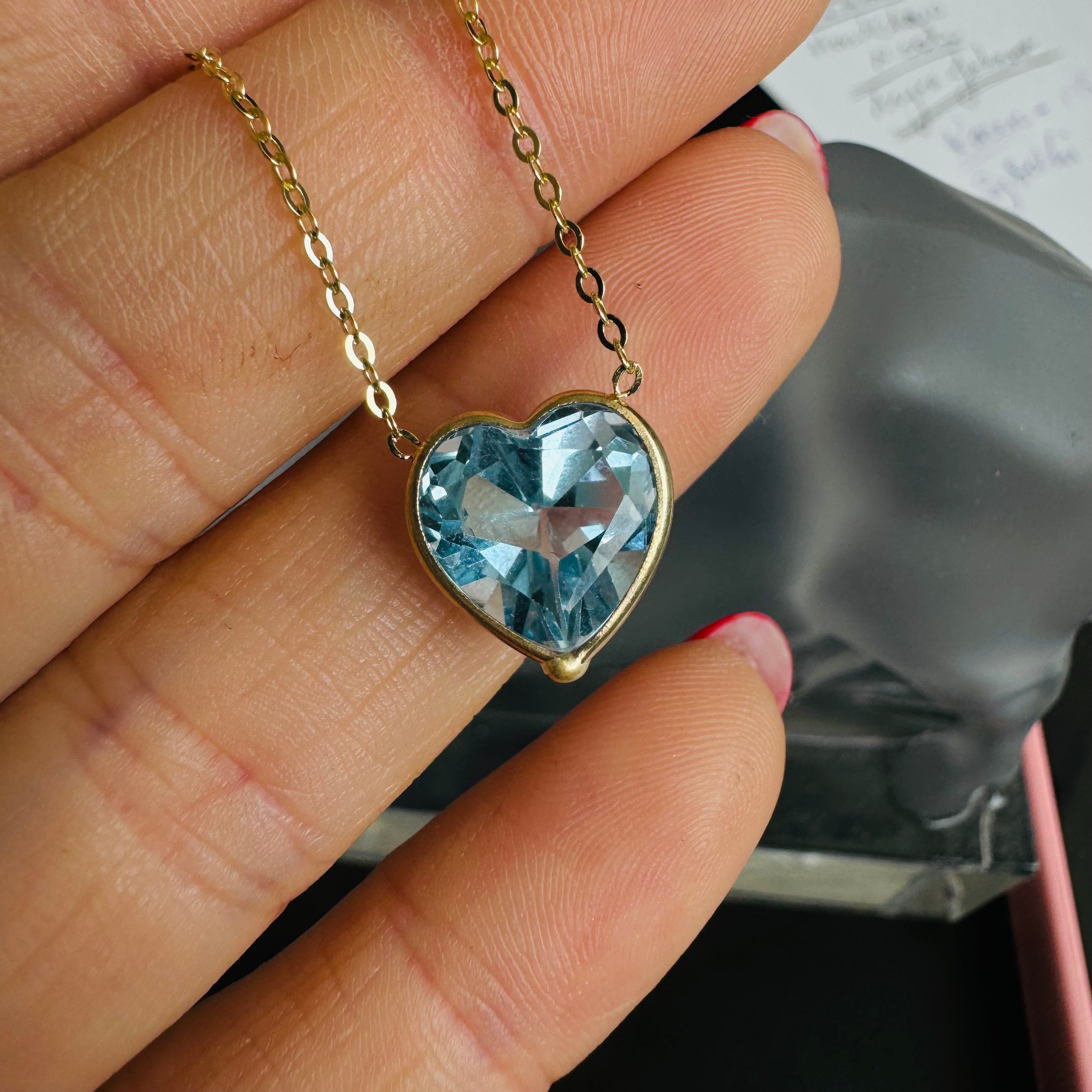 Natural Heart Blue Topaz 14K Yellow Gold Solitaire Necklace 16”- 18"