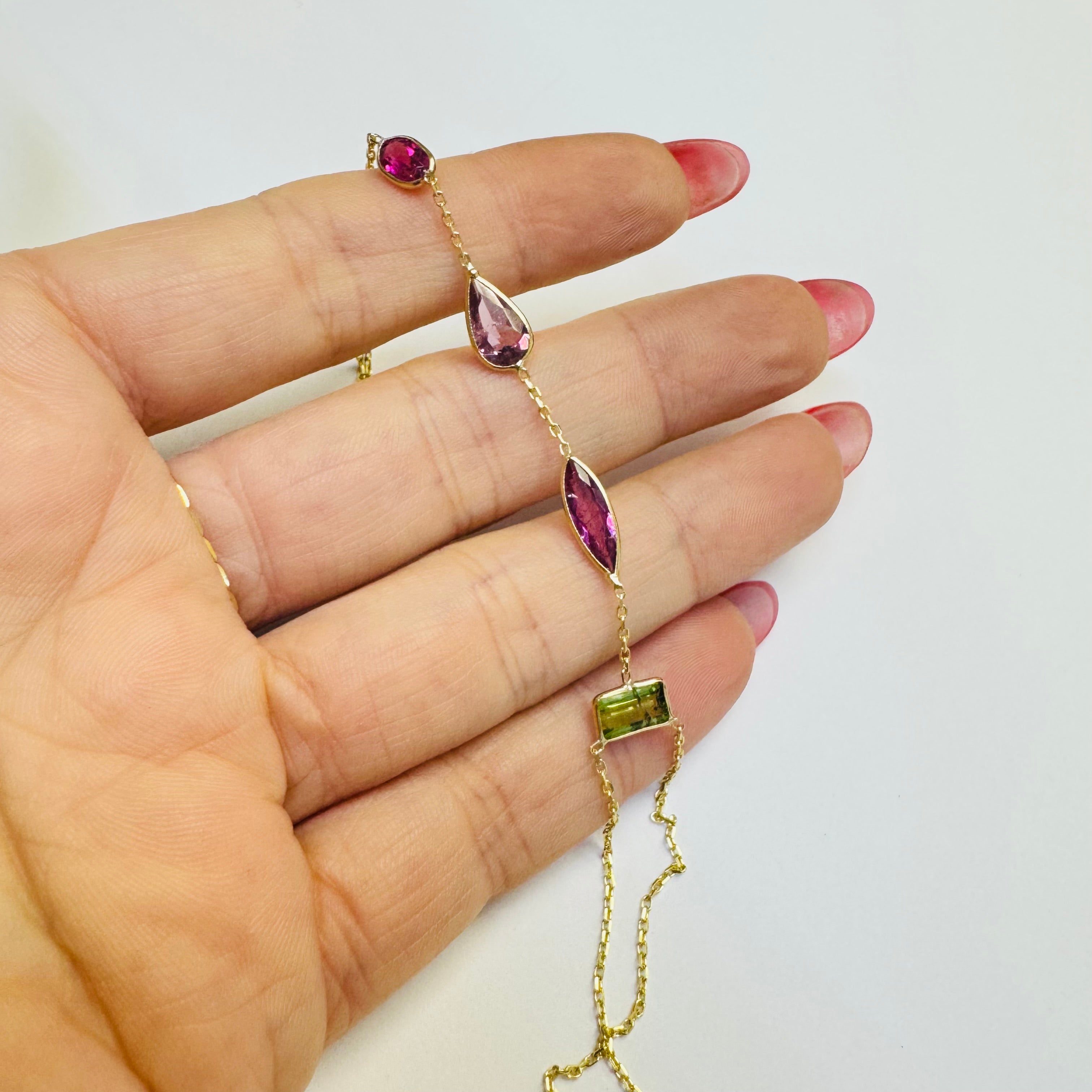 14K Yellow Gold Multi Green and Pink Tourmaline Handchain