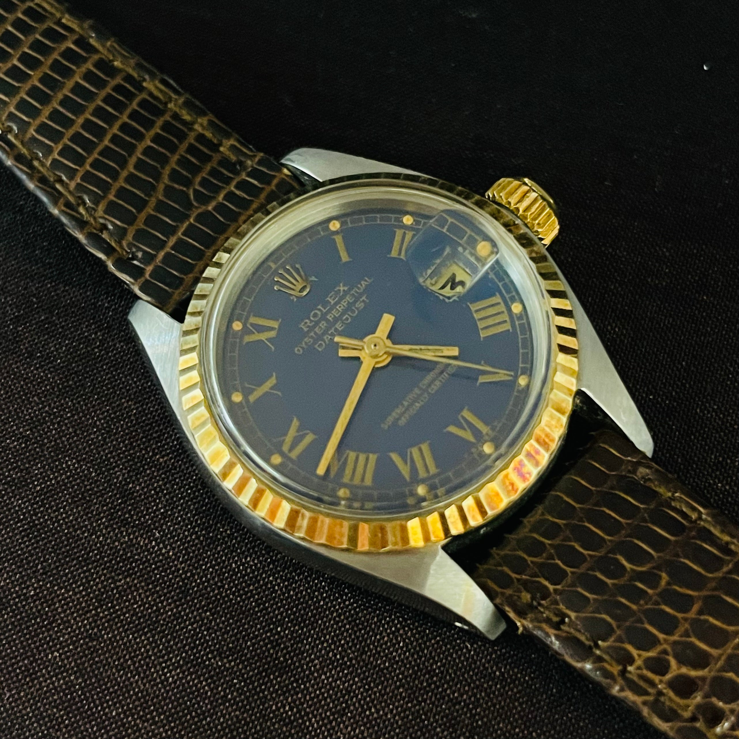 26mm Two Tone 18K Gold and Steel Rare Buckley Blue Dial Wristwatch with Leather Strap