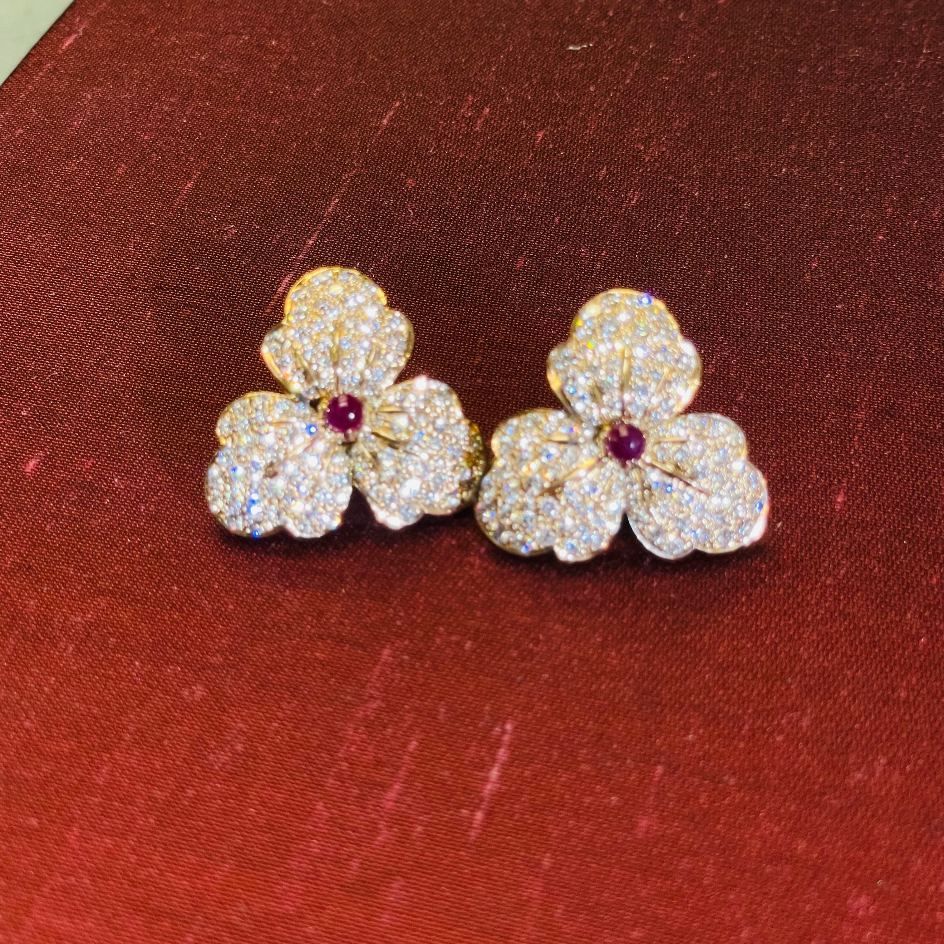 Amazing Vintage Diamond Pave Ruby Flower Earrings