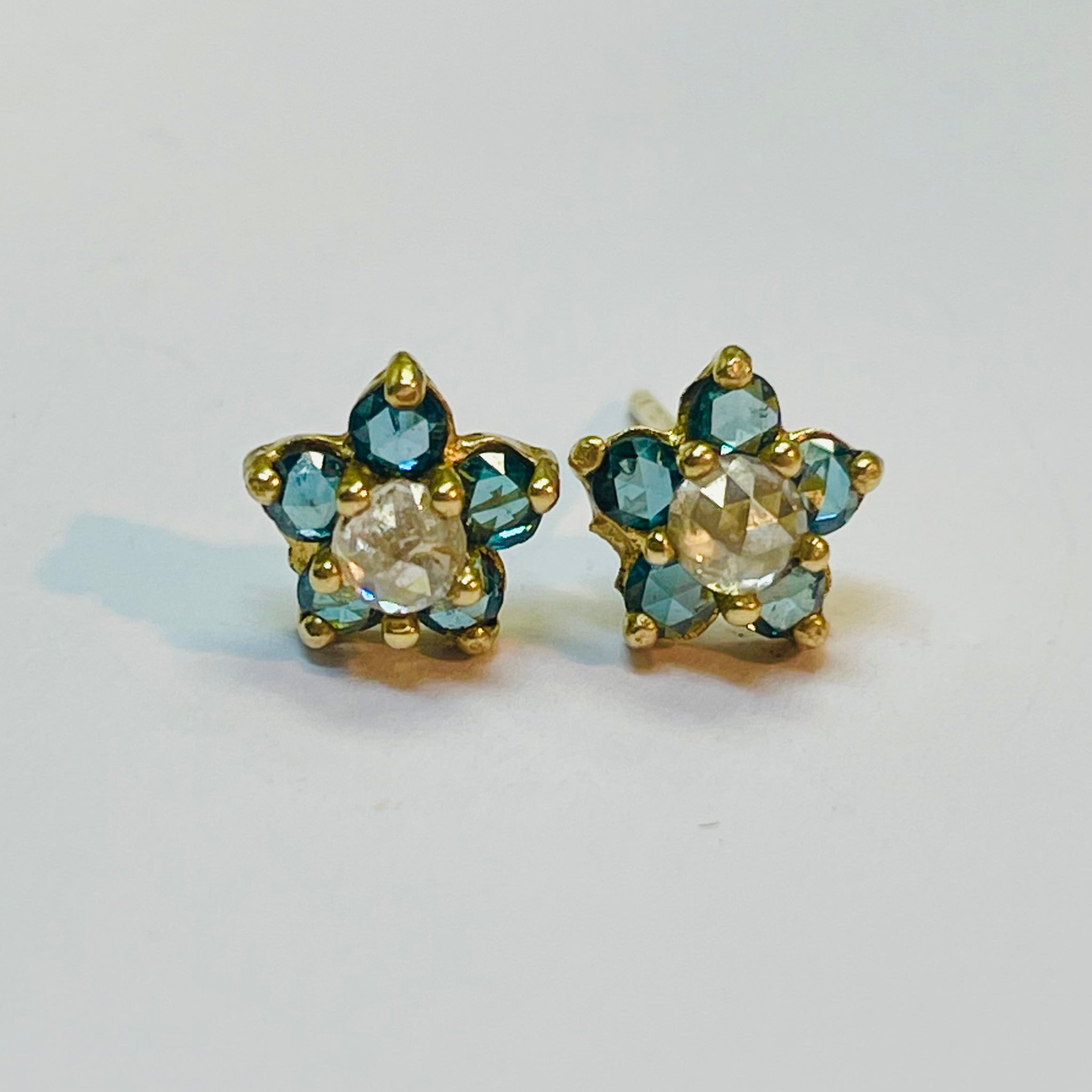 Rose Cut Blue Diamond Stud Earrings 14K Yellow Gold