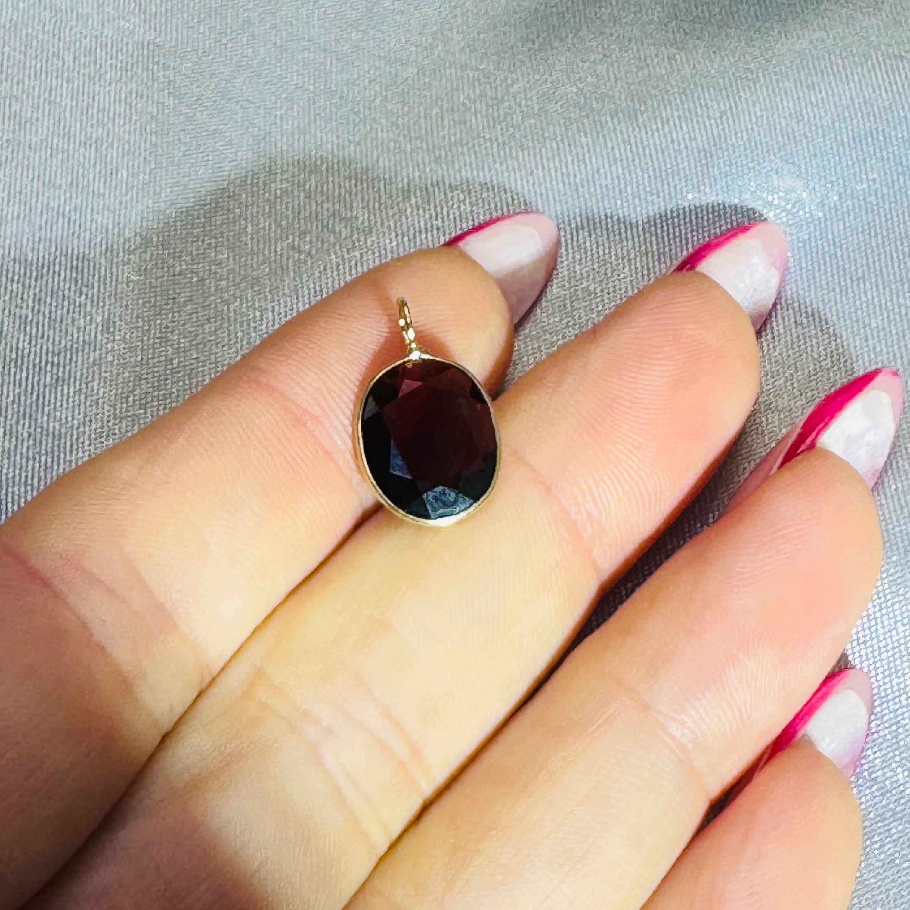 Oval Garnet Gem Charm Pendant 14K Yellow Gold