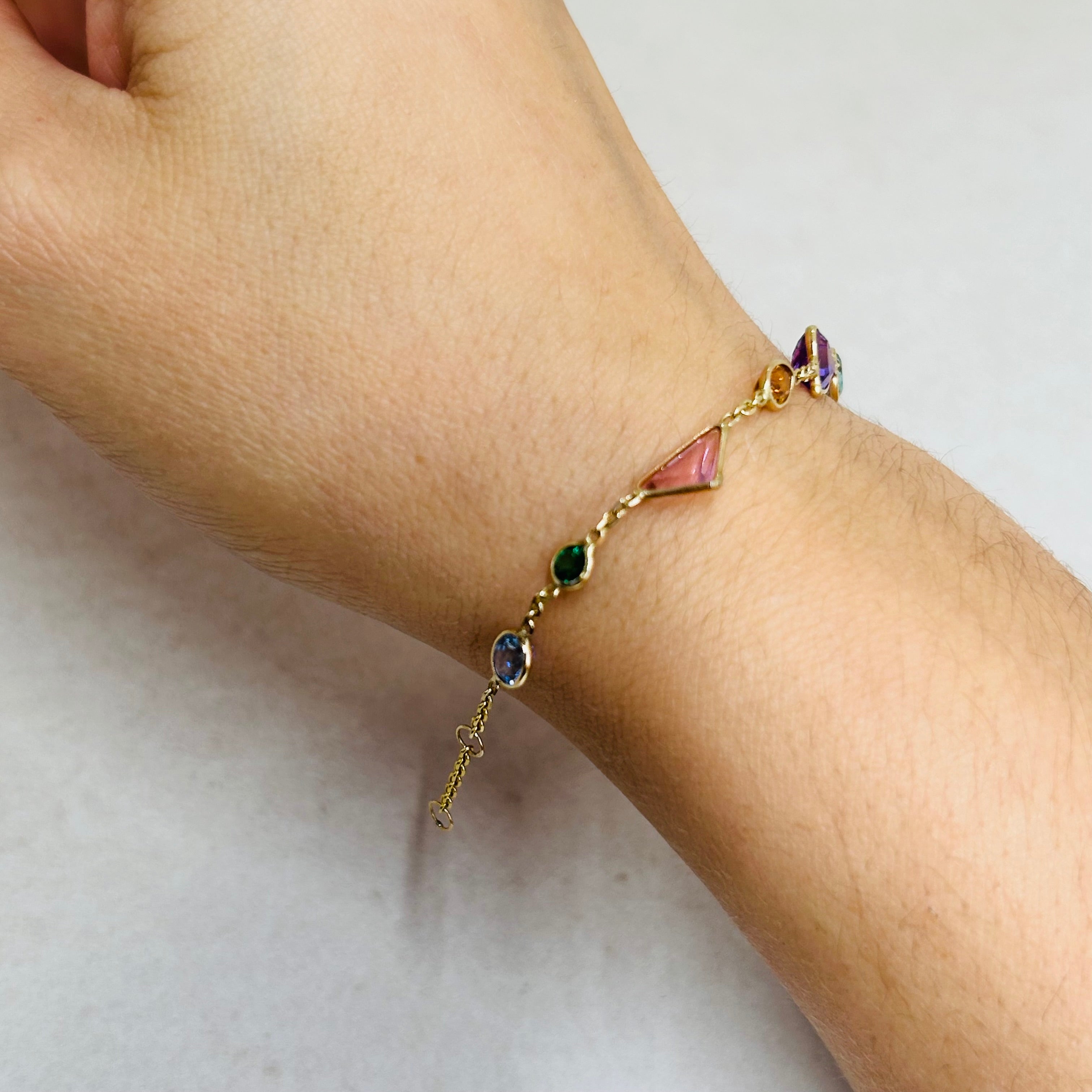 Beautiful Rainbow Colorful Multishape Gem 14K Yellow Gold Bracelet 7.25”