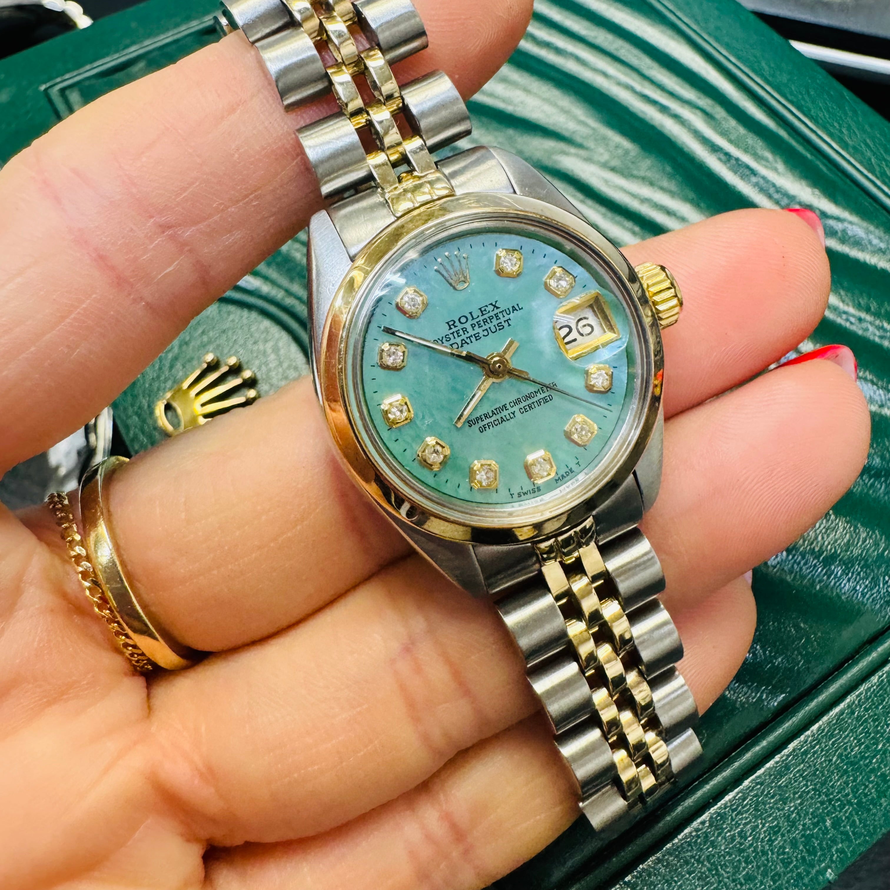 26mm Two Tone Rolex Watch with Teal Mother of Pearl Dial