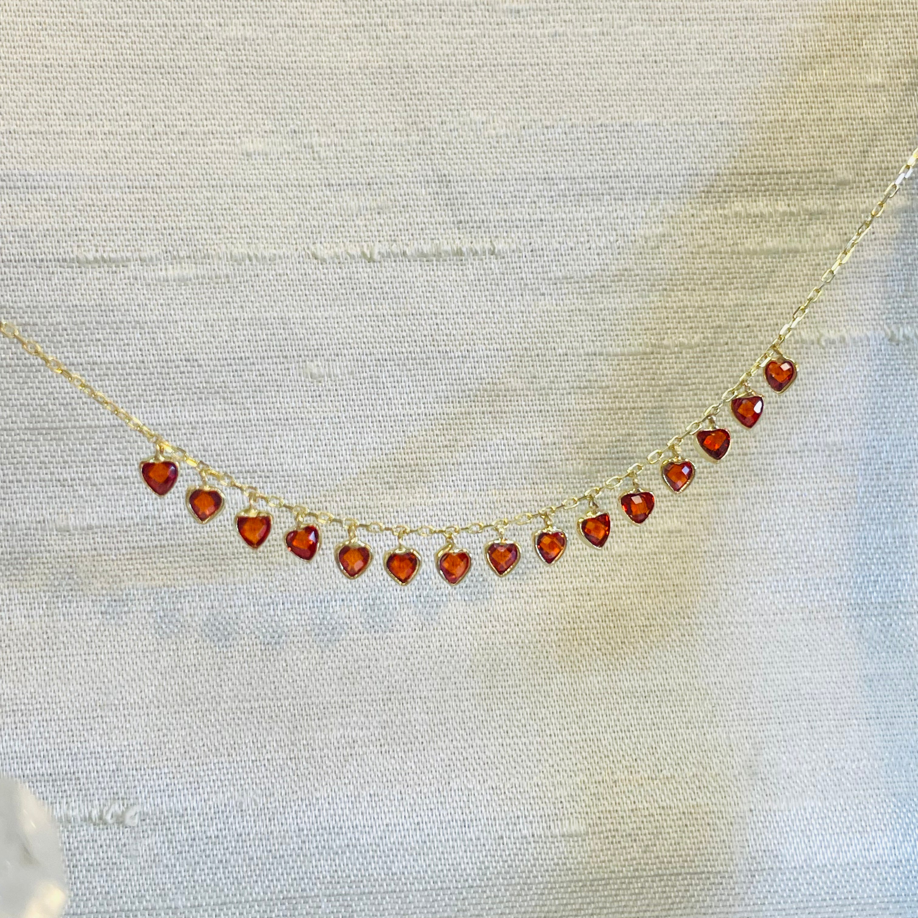 14K Yellow Gold Cute Red Heart Bezeled Dangle Bracelet 6.25-7.75”