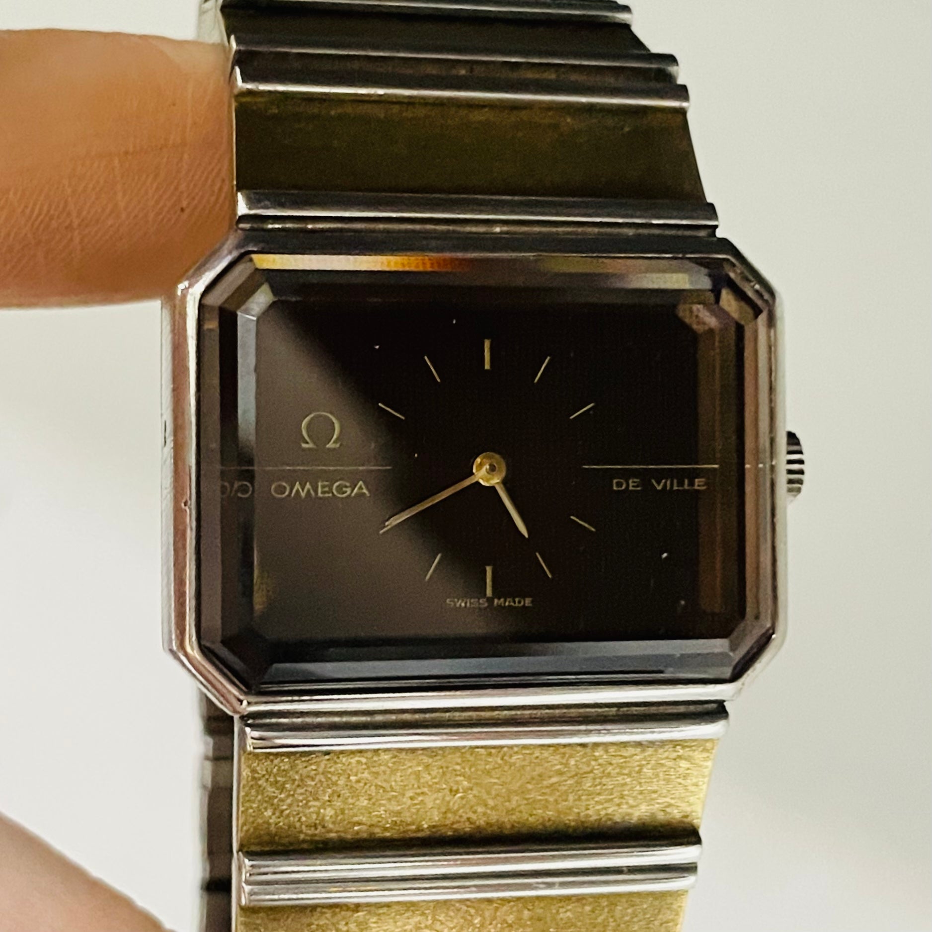Omega De Ville Sterling Silver Gold Vermeil 1970s Vintage Unisex Wrist Watch New