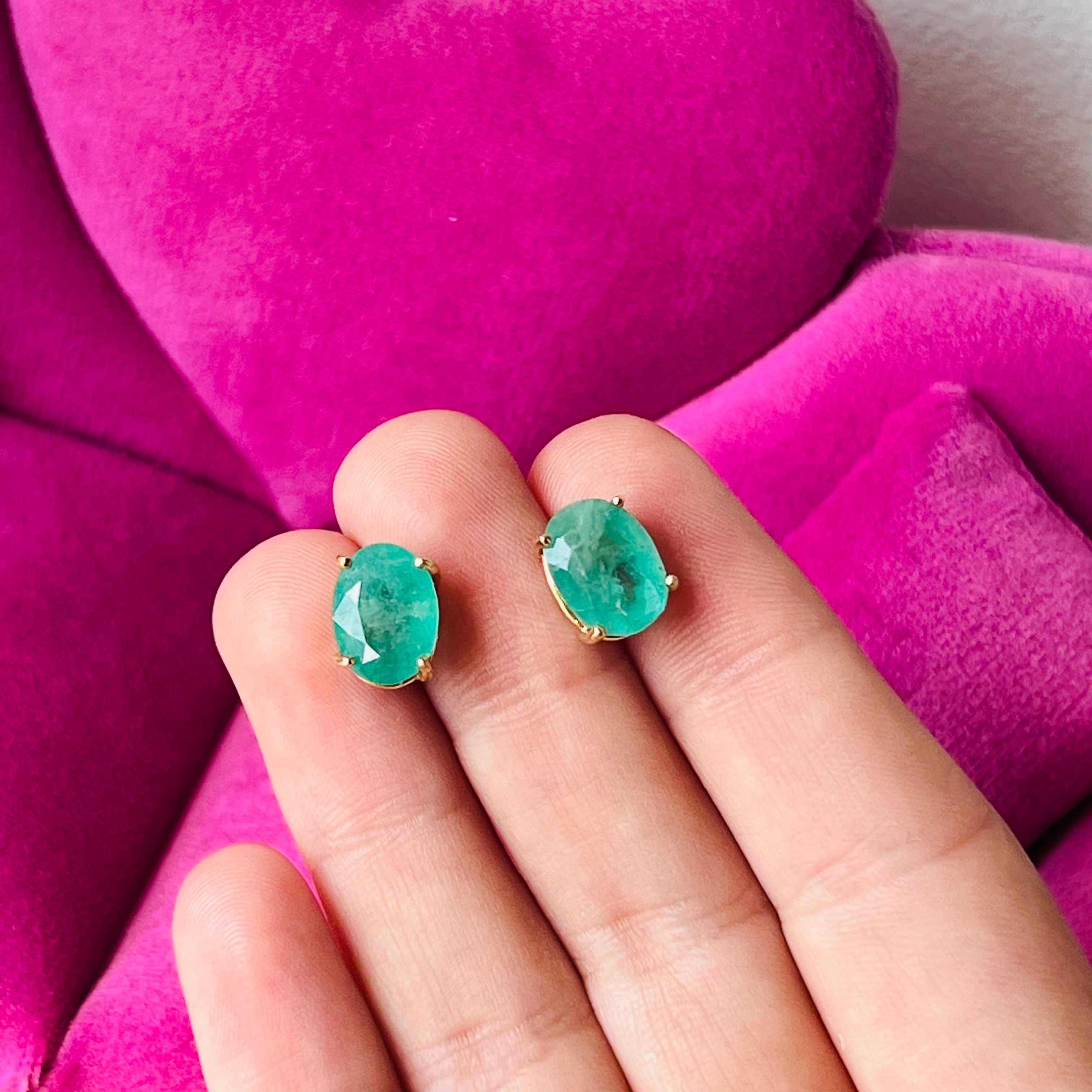 Colombian Emerald 14K Yellow Gold Stud Earrings