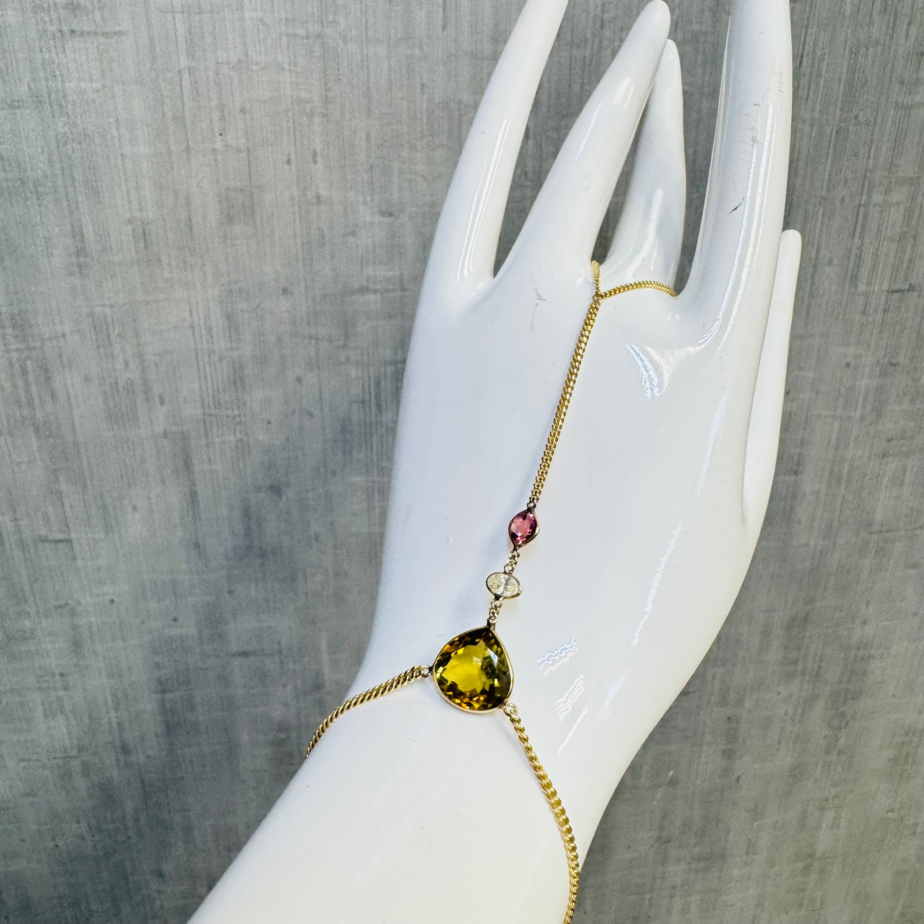 Golden and Pink Tourmaline with a Diamond Hand Chain 14K Yellow Gold Curb Link