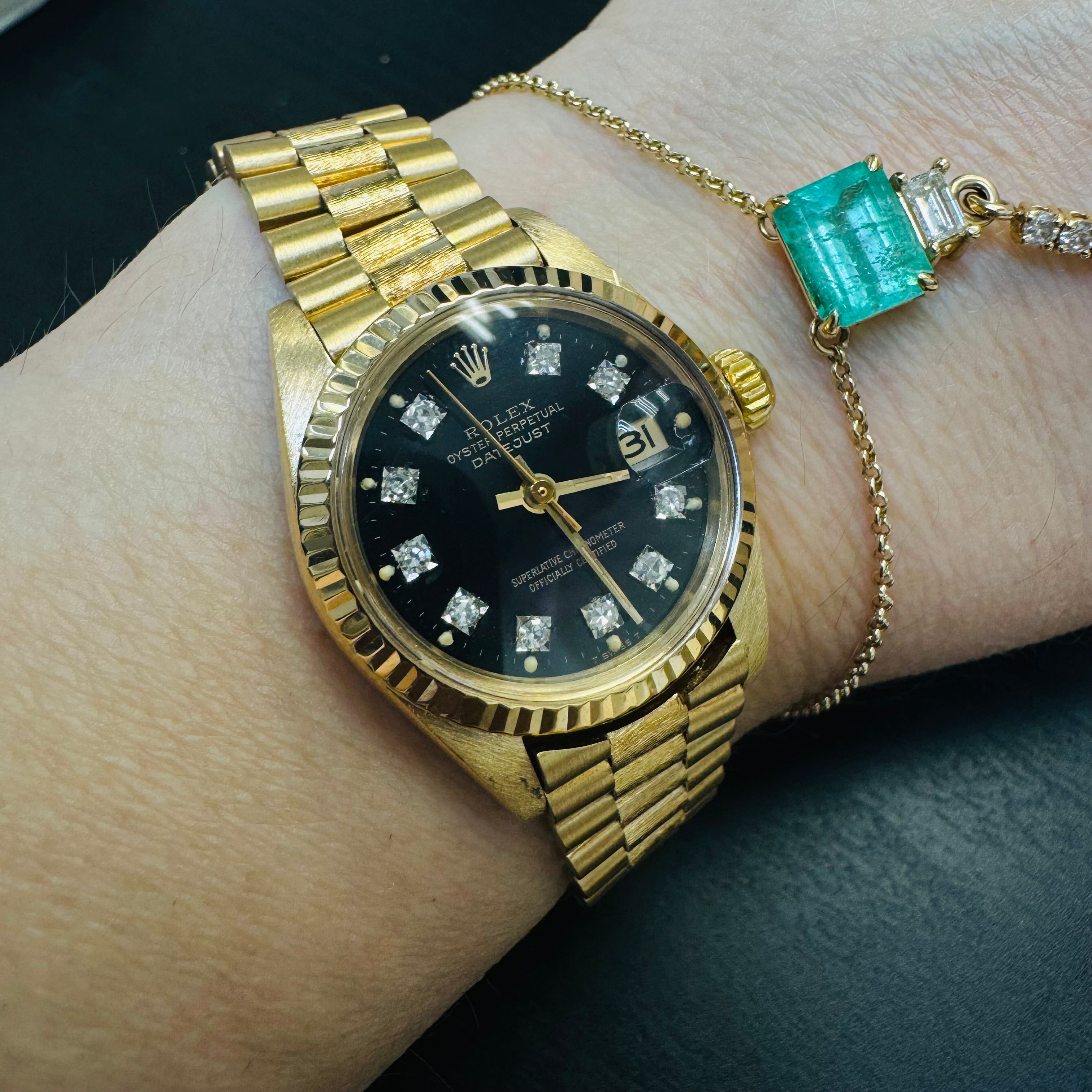 26mm 18K Yellow Gold Vintage Ladies Rolex President Wristwatch with Diamond Dial