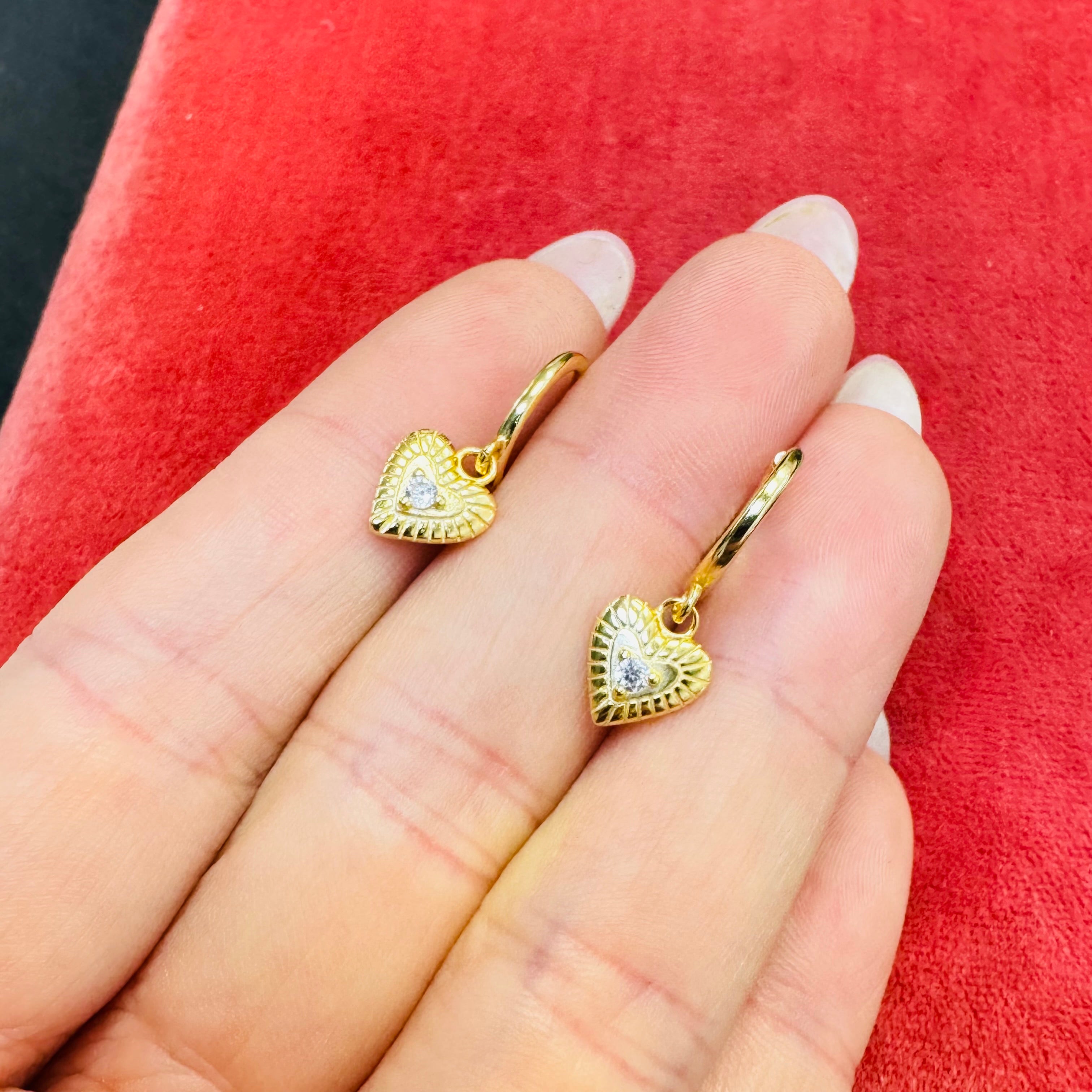 Yellow Gold over Sterling Silver Dangling Heart Huggie Hoop Earrings