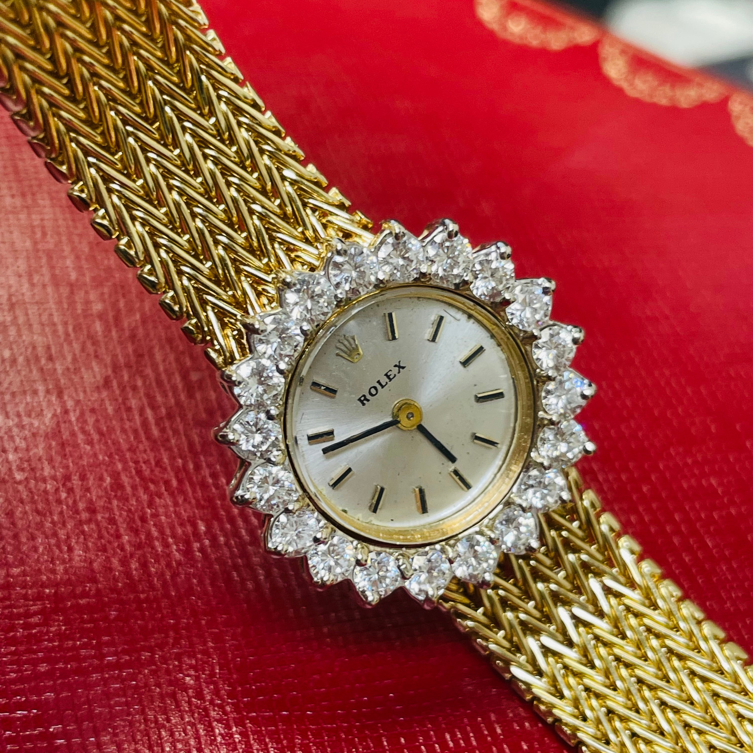 25mm Vintage Ladies Rolex Wristwatch with Factory Diamond Halo Bezel in Solid 14K Yellow Gold