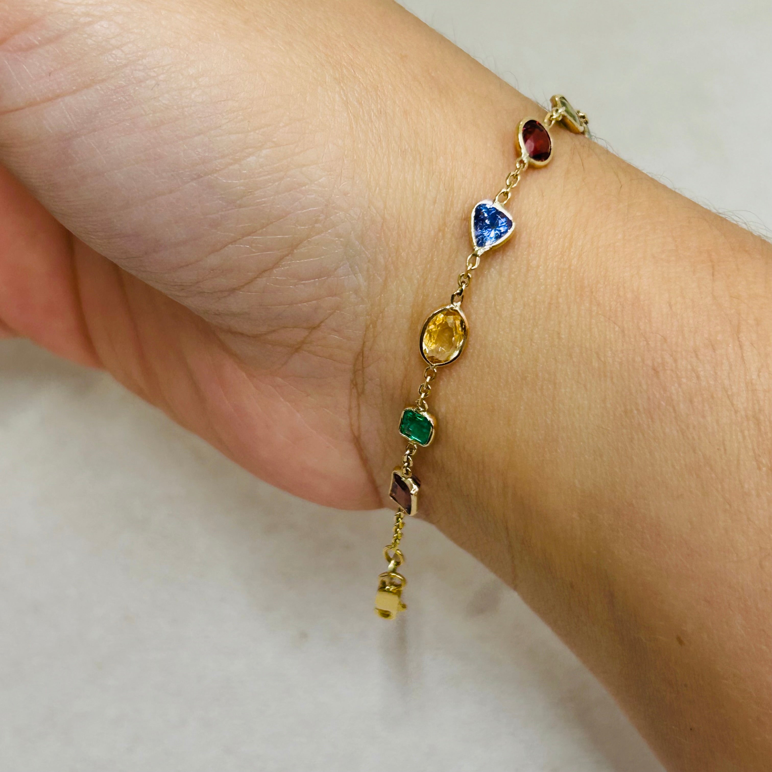 Beautiful Rainbow Colorful Multishape Gem 14K Yellow Gold Bracelet 7.25”