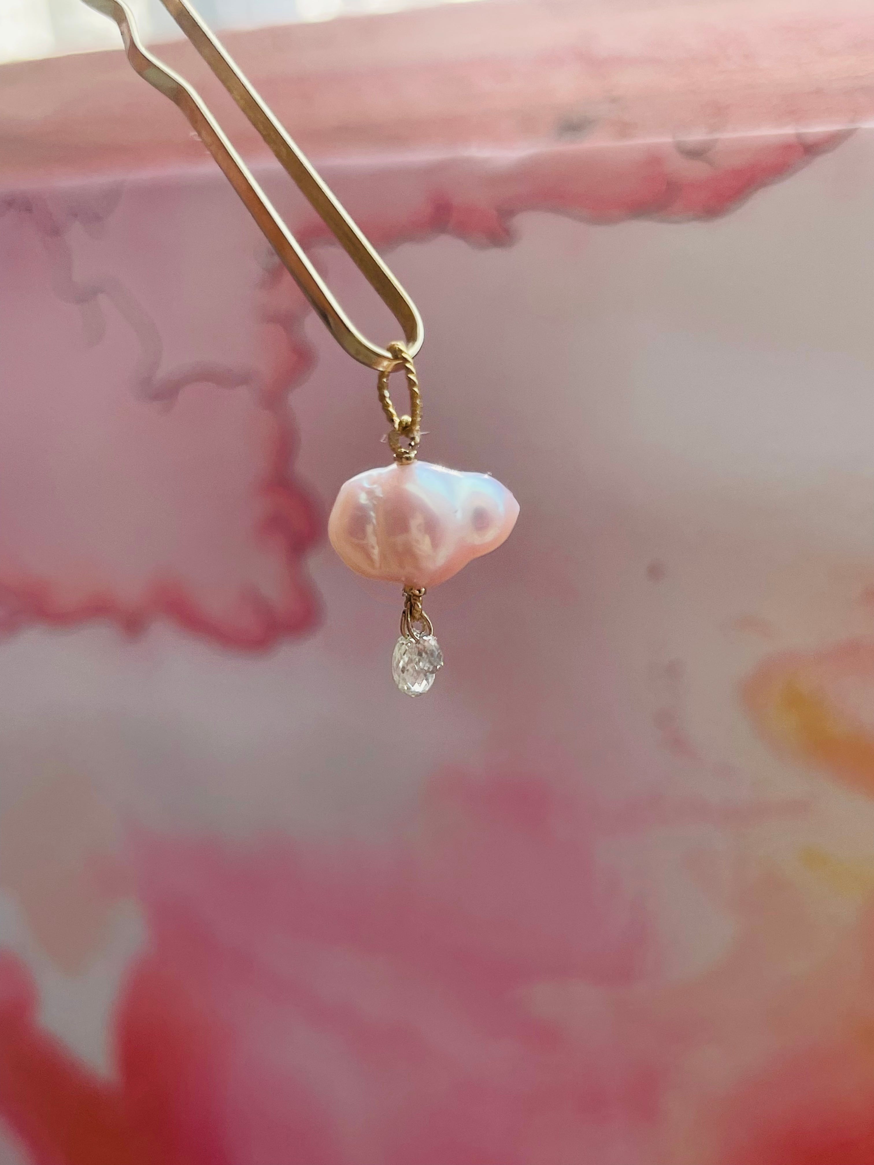 Pink Japanese Pearl and Briolette Diamond Cloud Charm
