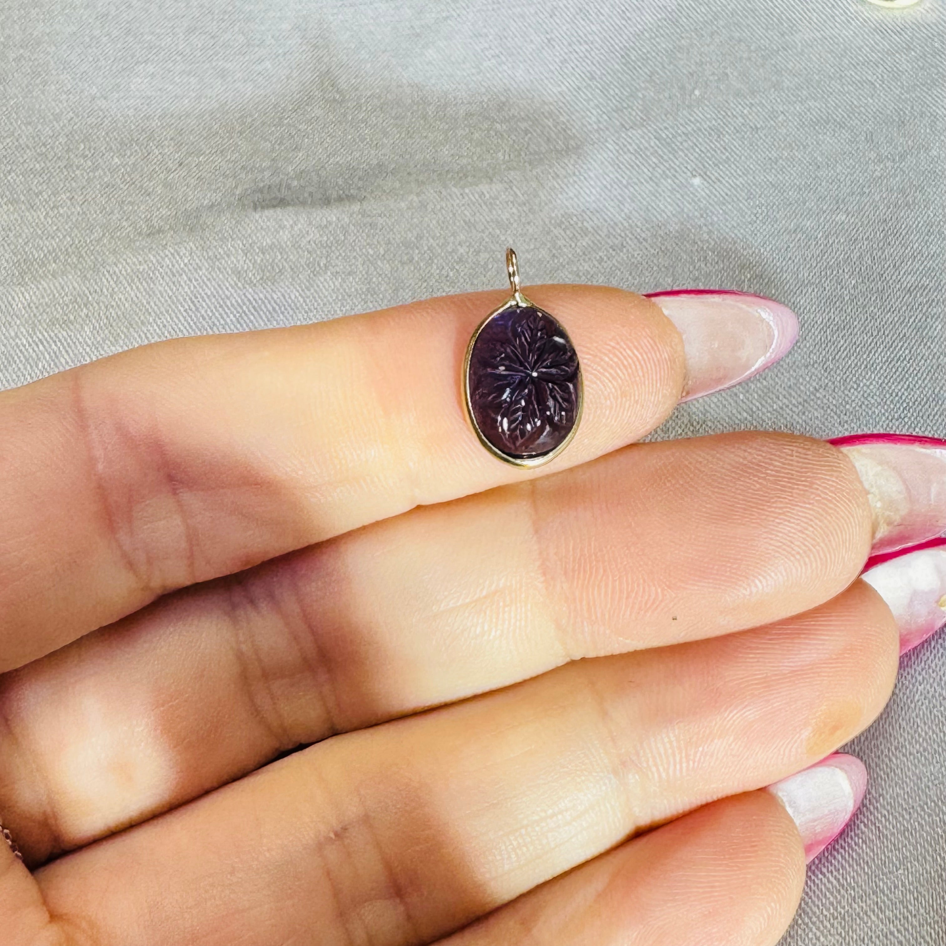 Carved Blue Iolite Pendant 14K Yellow Gold