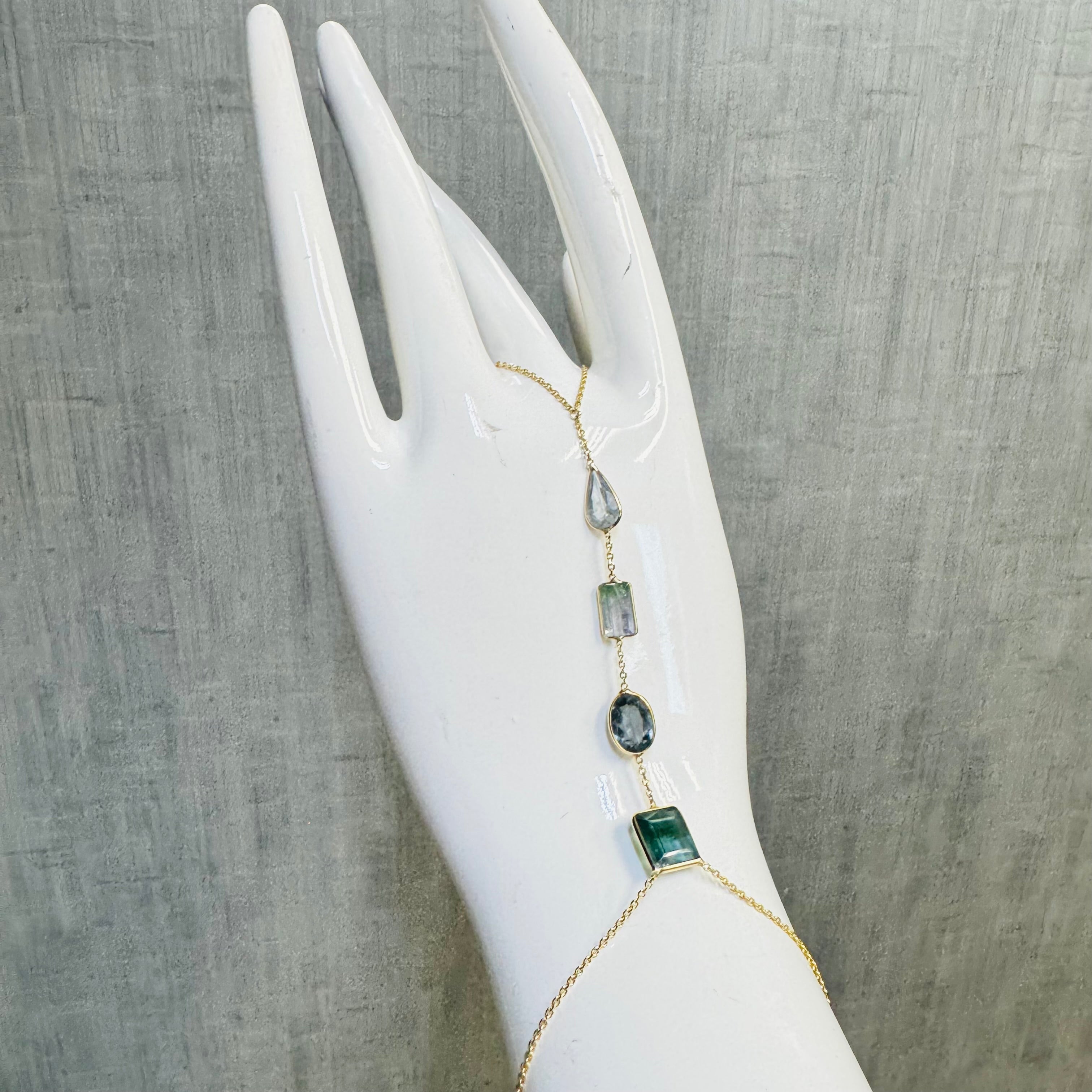 14K Yellow Gold Ombre Teal Tourmaline Handchain