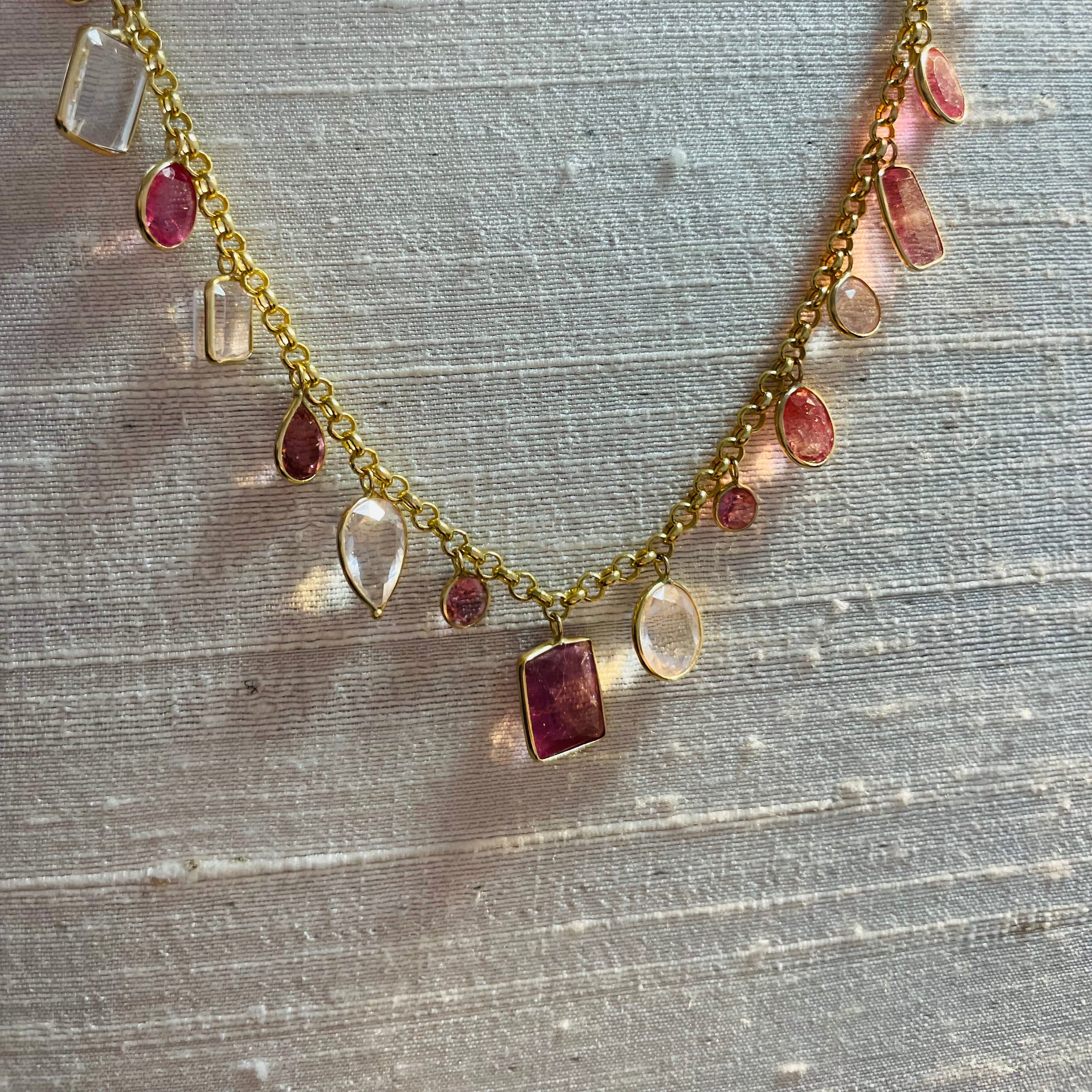 Natural Pink Tourmaline and Kunzite Multi Shape Dangling Necklace 14K Yellow Gold