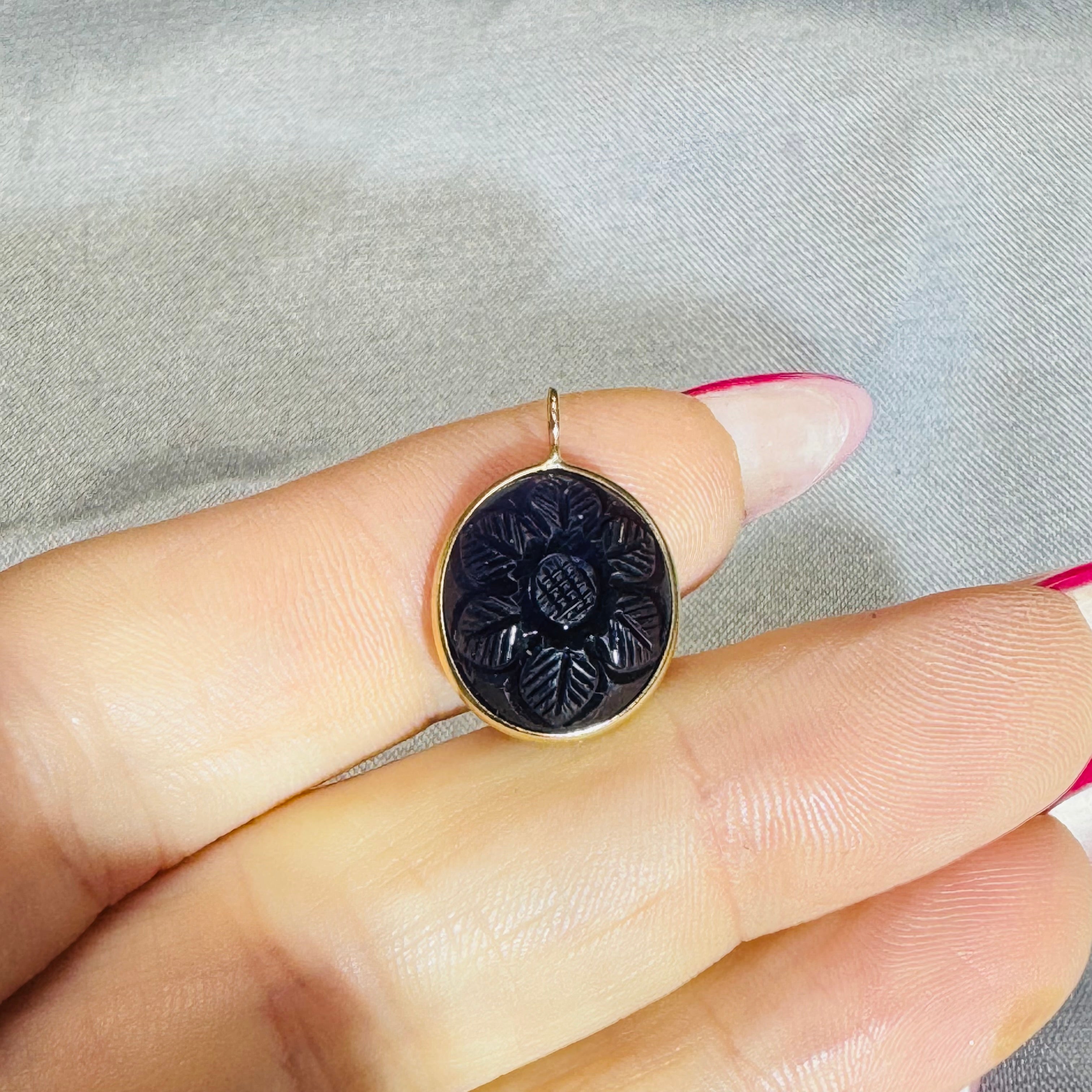 Carved Blue Iolite Pendant 14K Yellow Gold