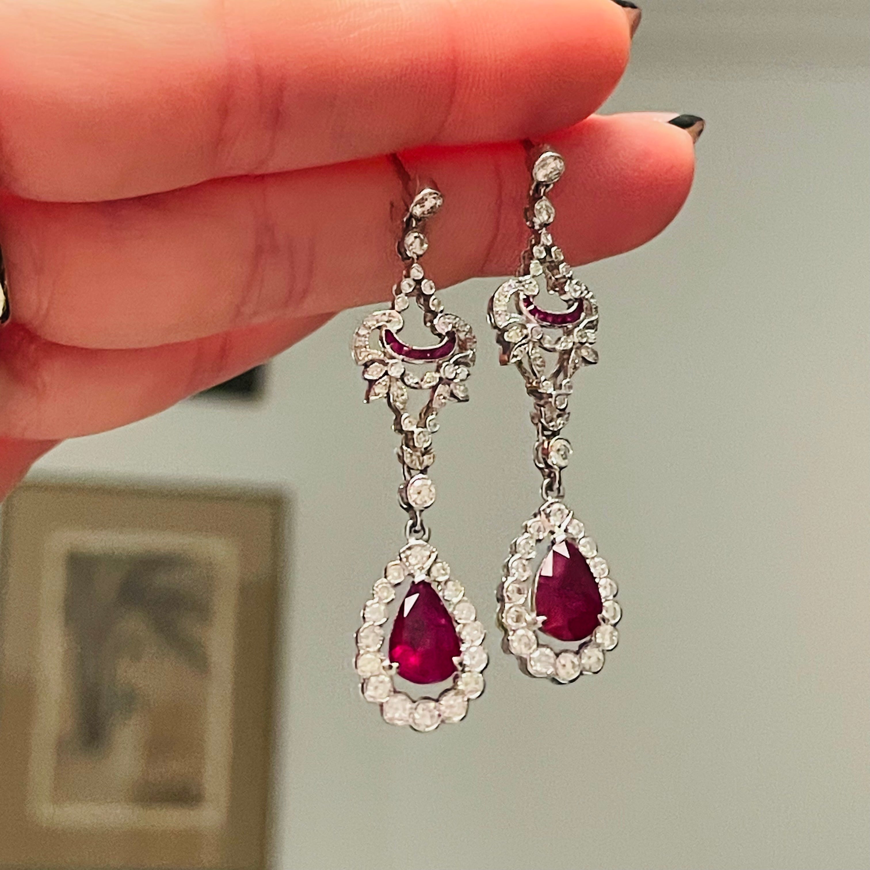 Amazing GIA Certified Burma Ruby Pear Drop Earrings 18K White Gold