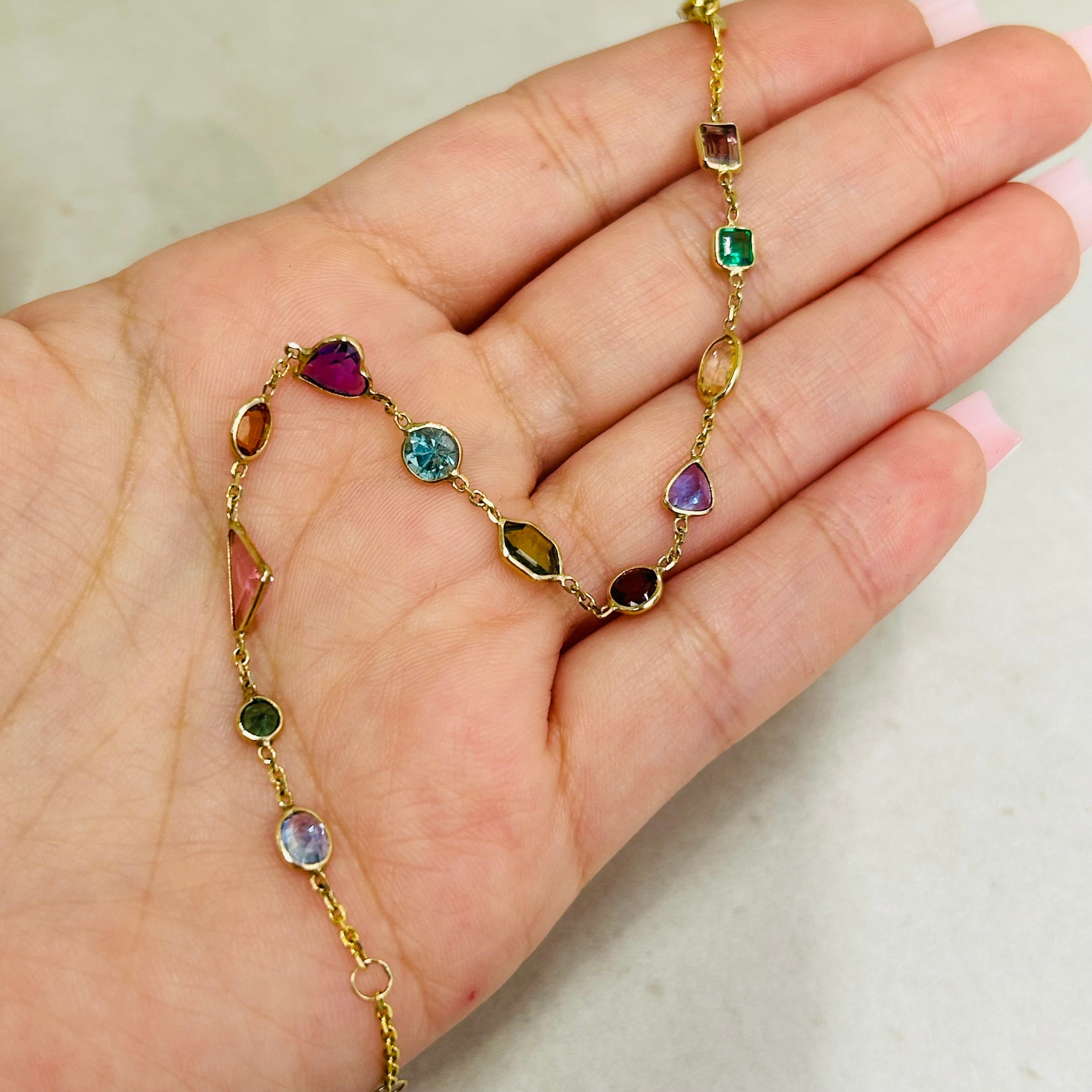 Beautiful Rainbow Colorful Multishape Gem 14K Yellow Gold Bracelet 7.25”