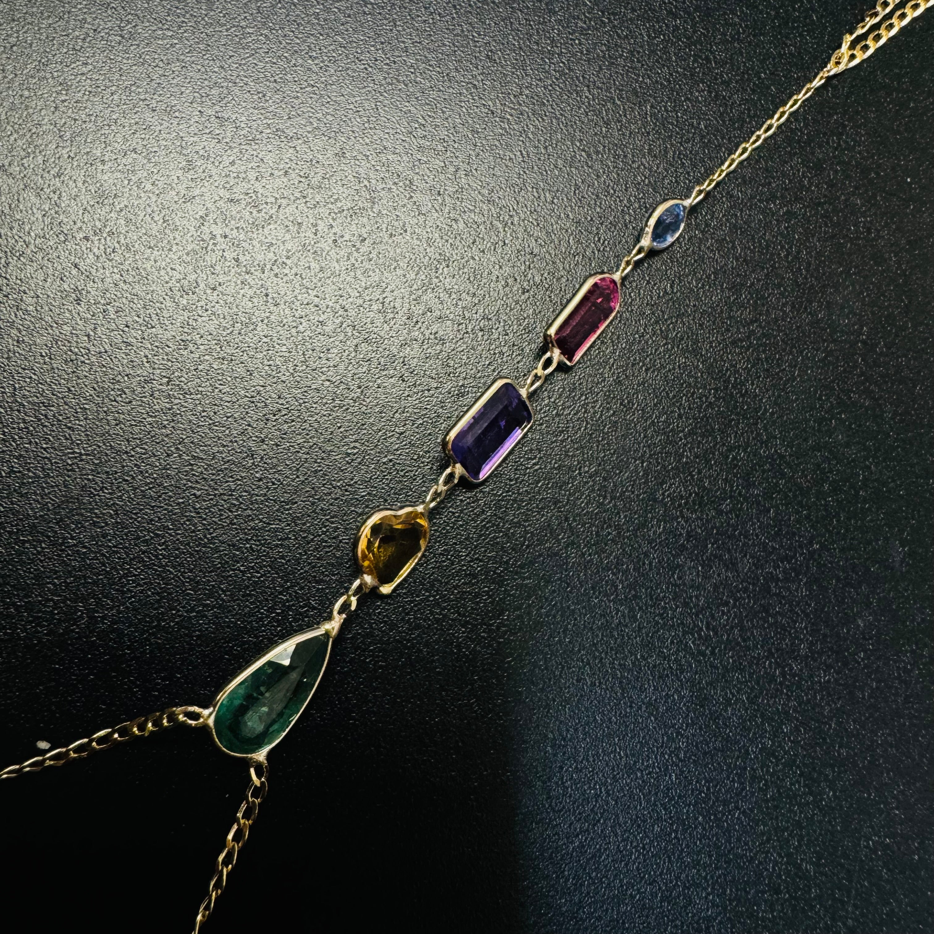 Multi Gem 14K Yellow Gold Curb Link Handchain