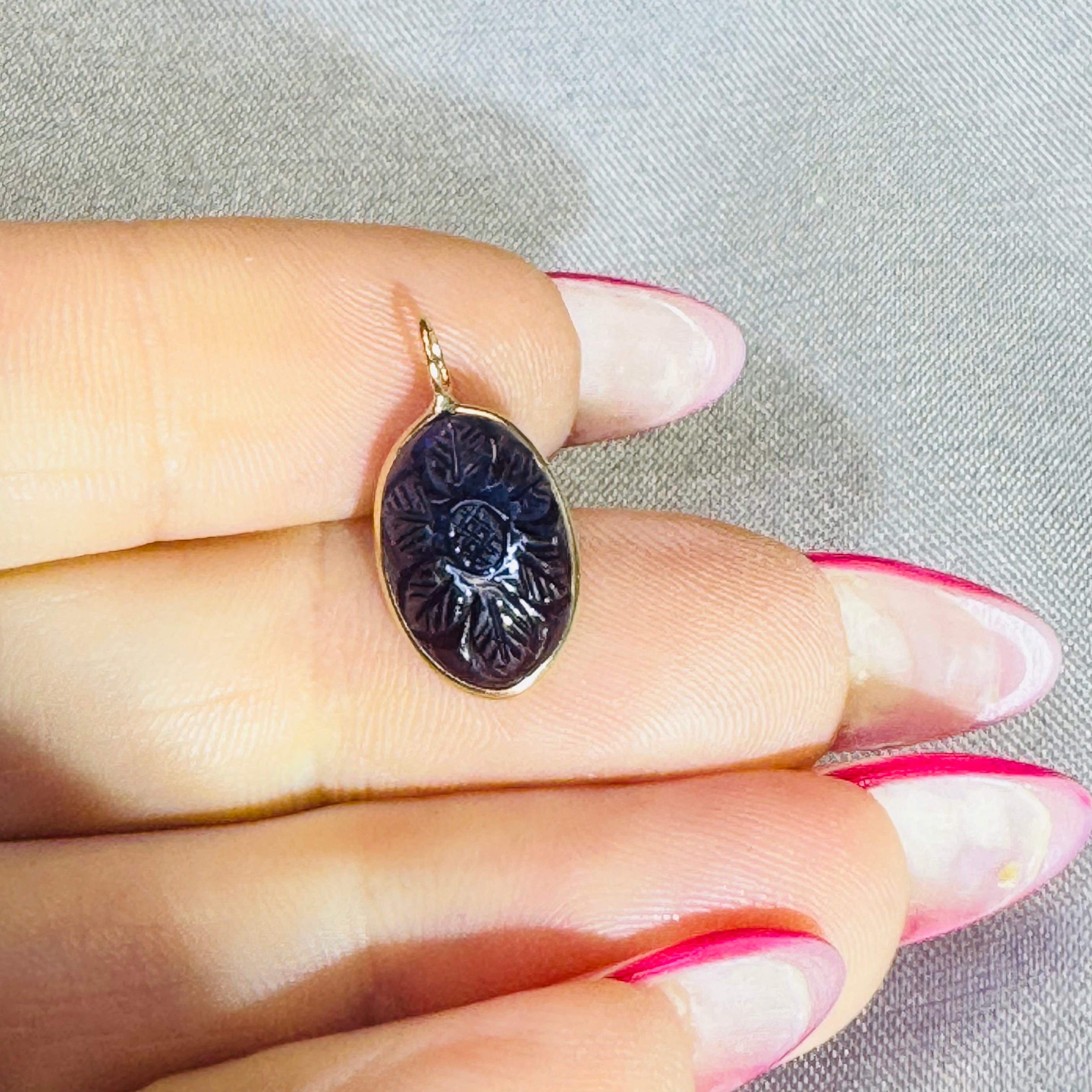 Carved Blue Iolite Pendant 14K Yellow Gold