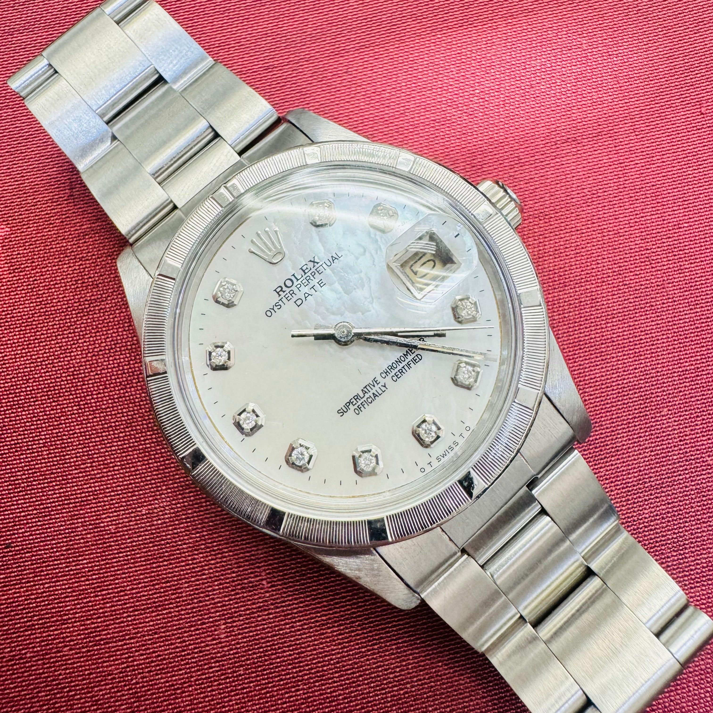 34mm Stainless Rolex Date Mother of Pearl Diamond Dial Watch Year 1983