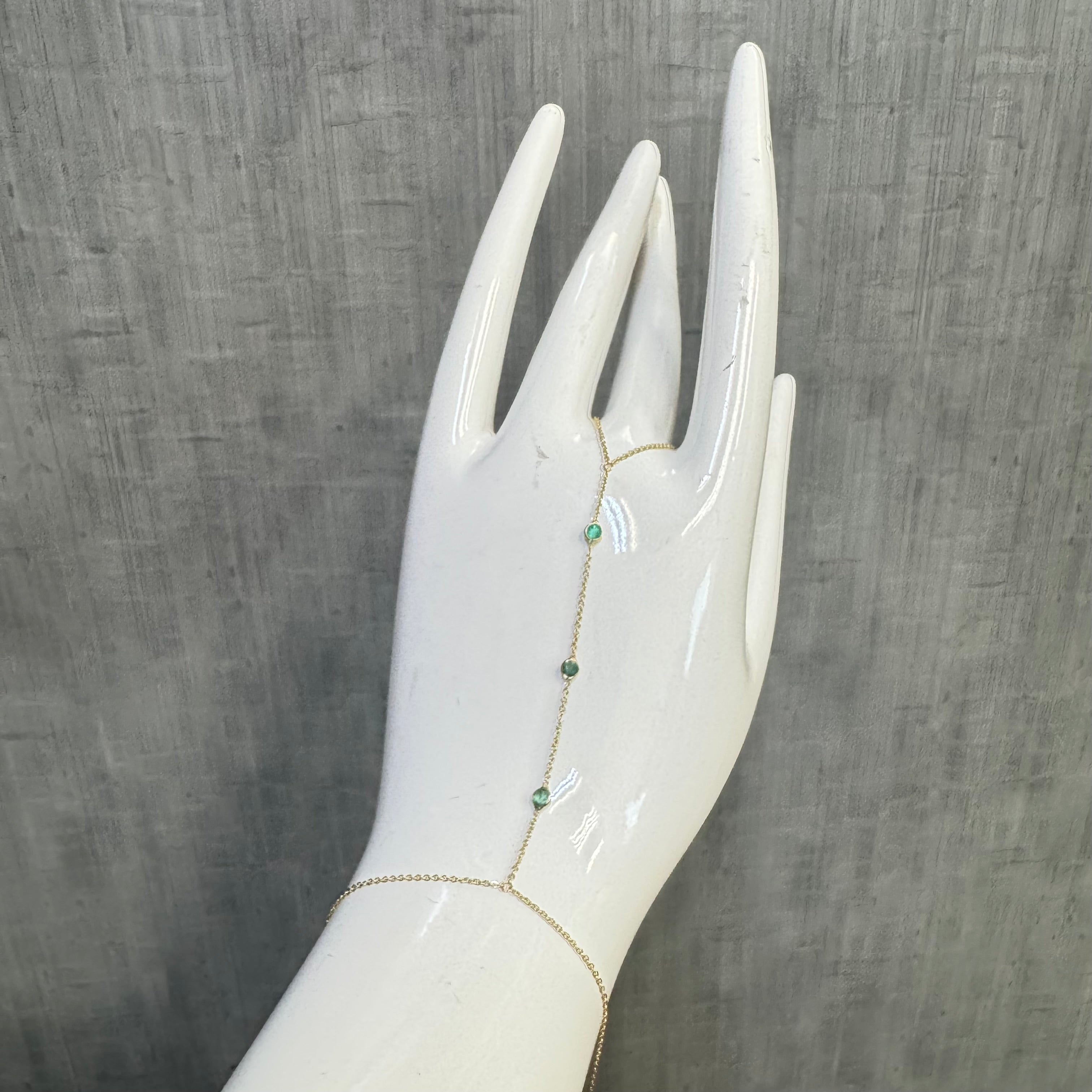 14K Yellow Gold Natural 3 Stone Emerald Handchain