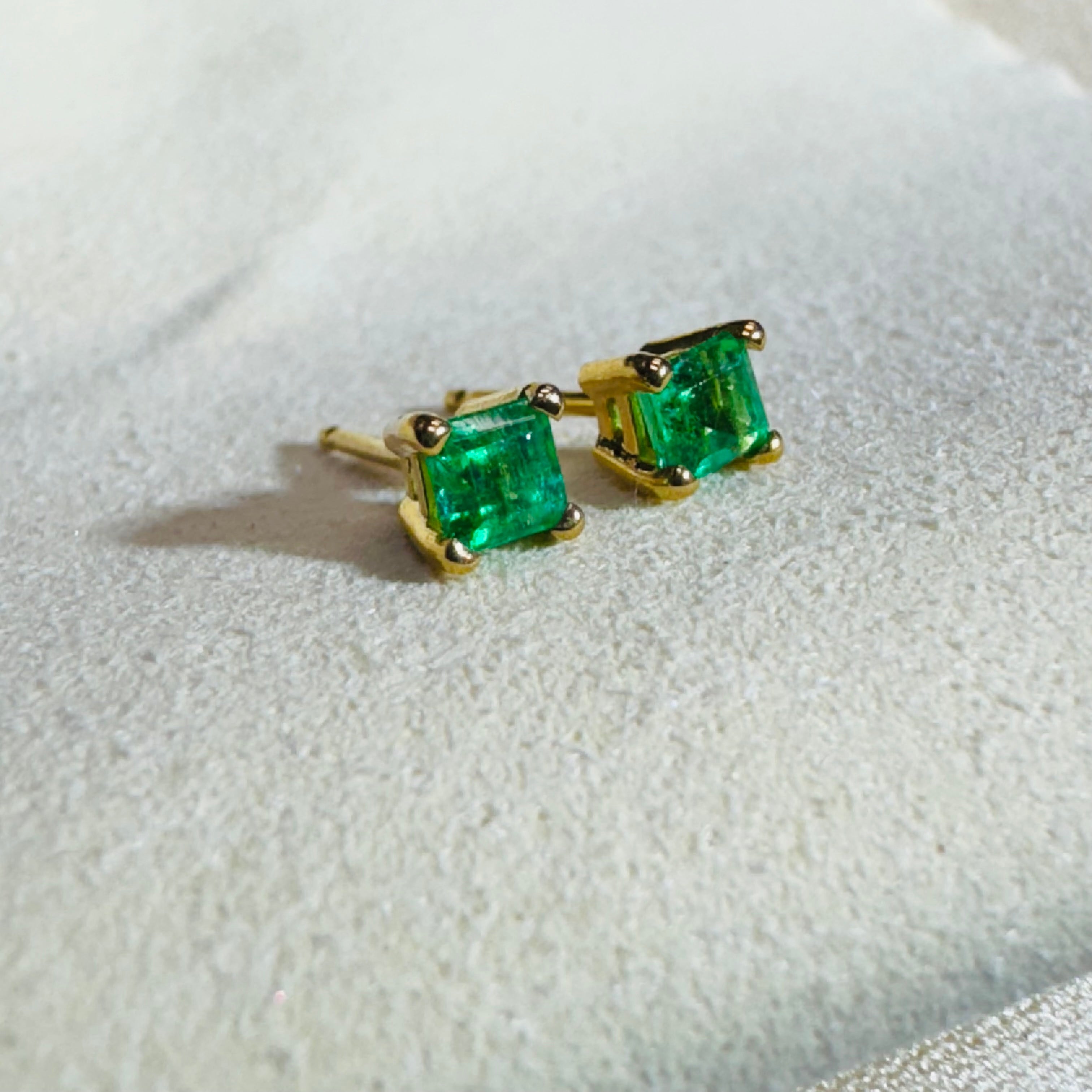 14K Yellow Gold Colombian Emerald Stud Earrings 4x4mm