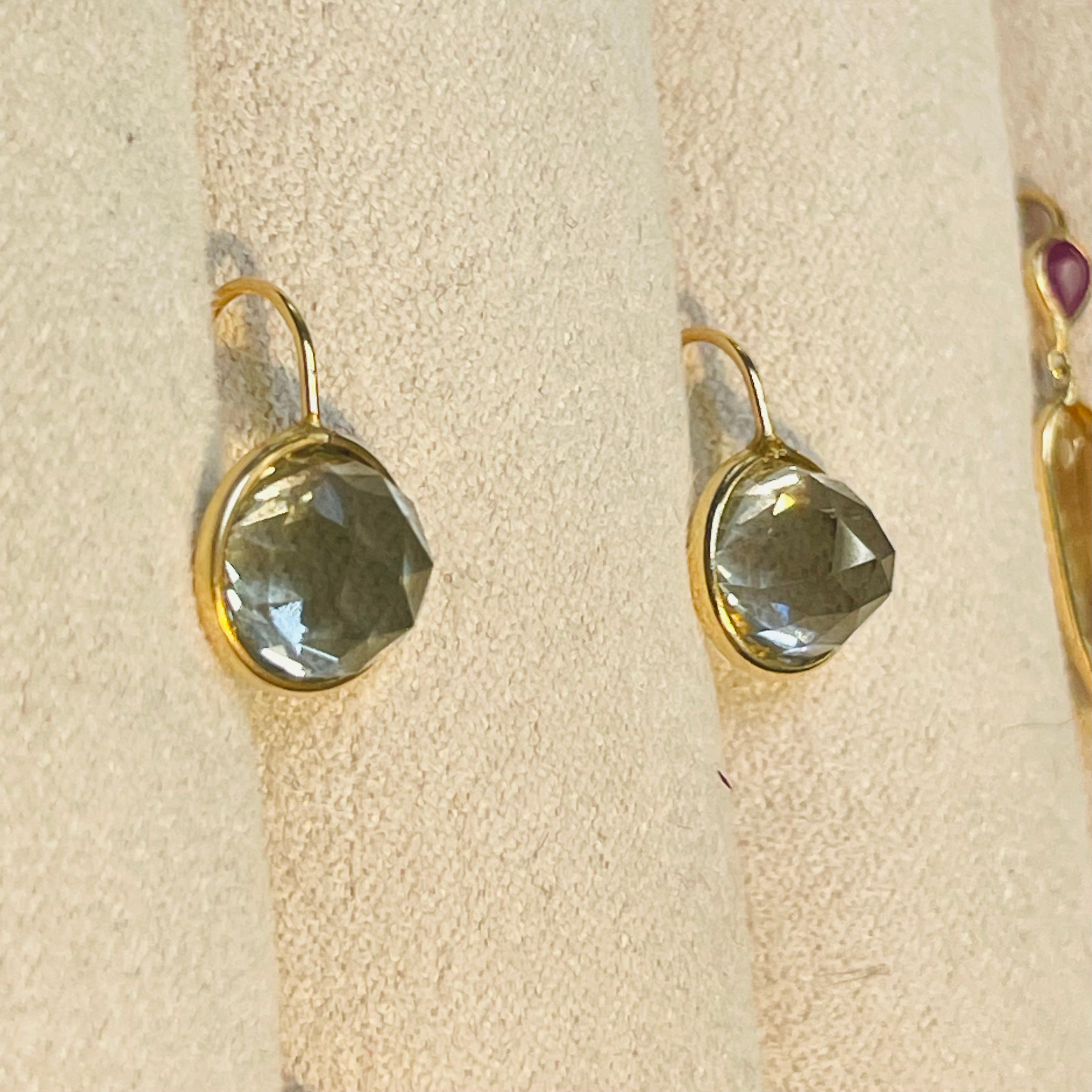 Green Amethyst Faceted Cab 14K Yellow Gold Drop Earrings