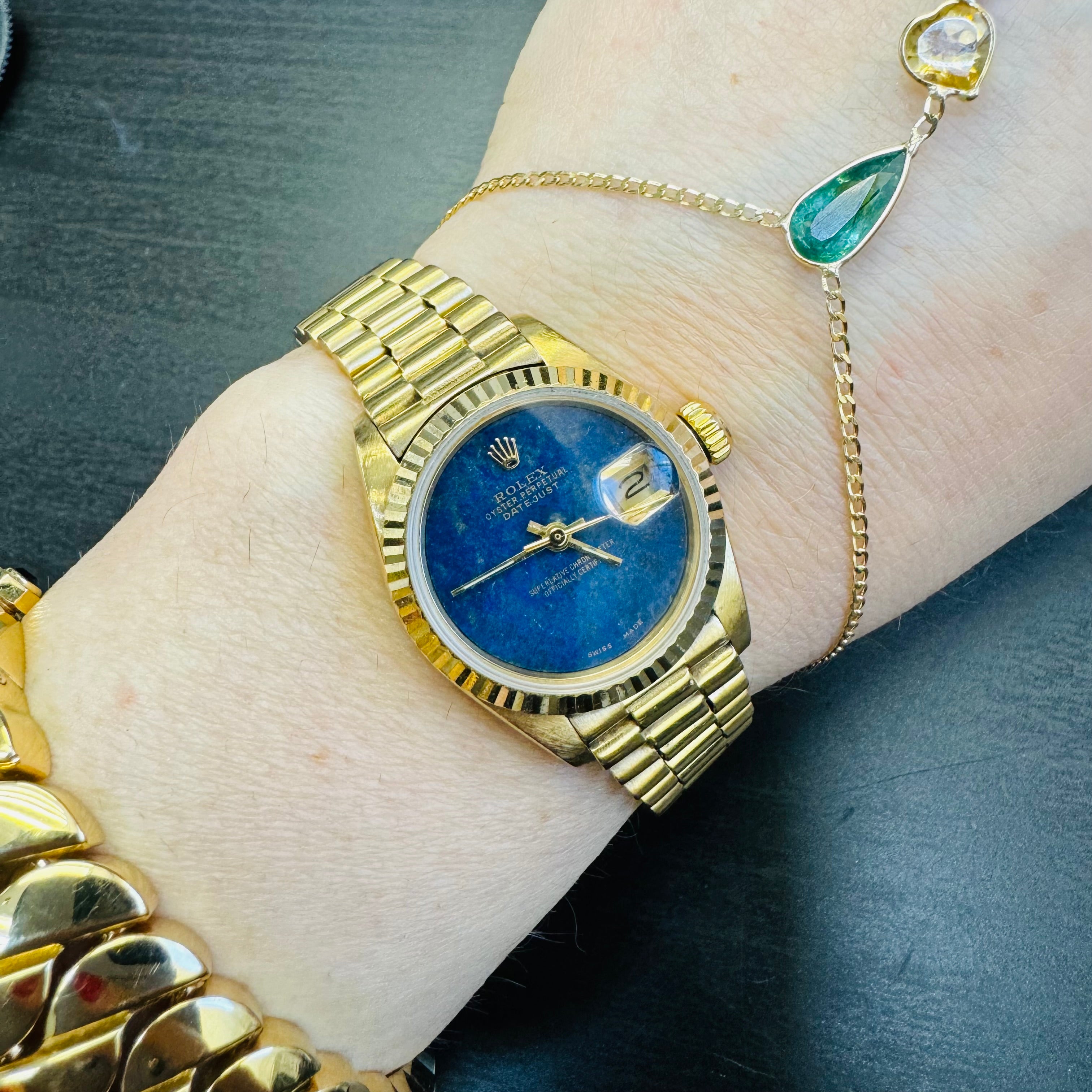 26mm 18K Yellow Gold Vintage Ladies Presidential Rolex Wristwatch with Lapis Dial 1979