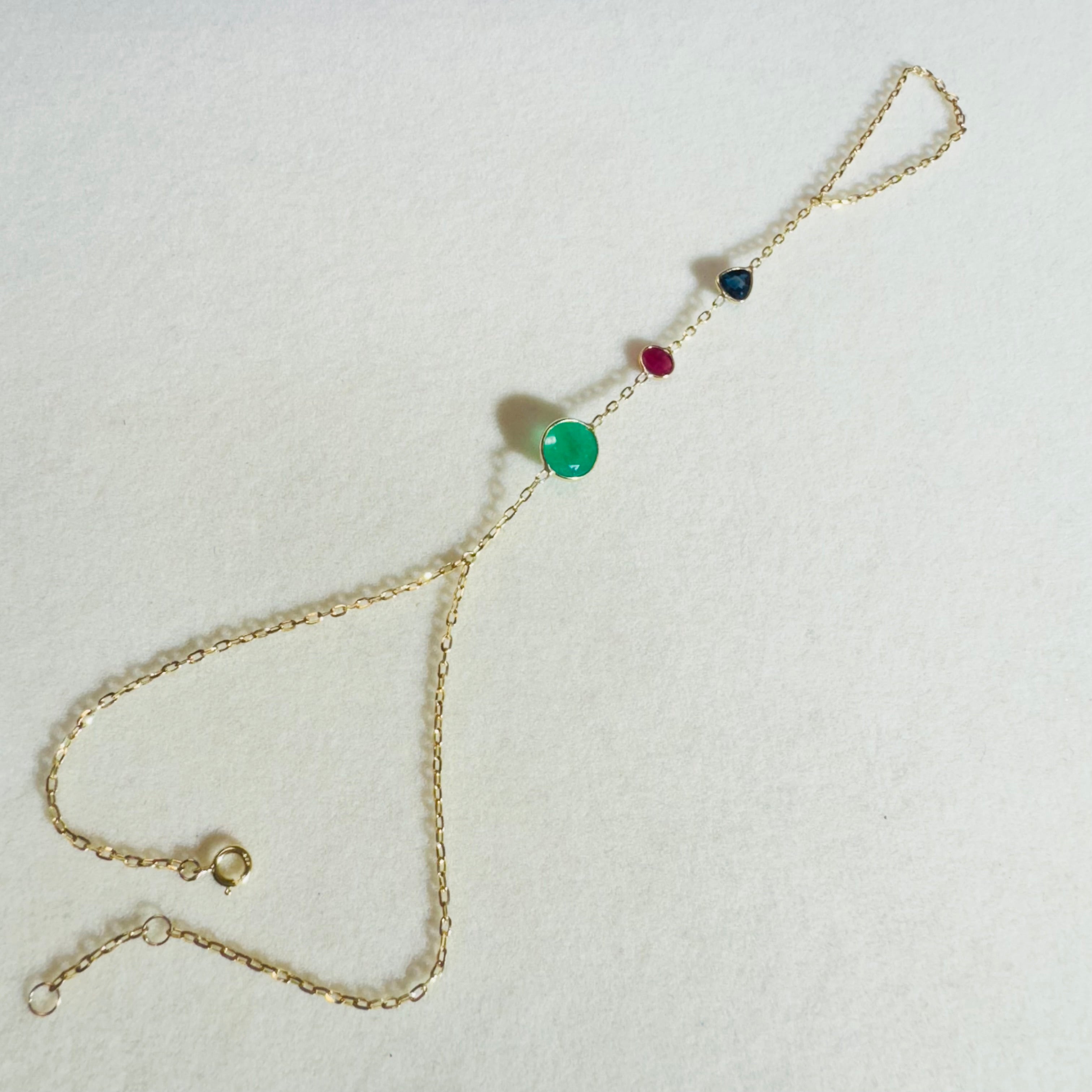 Emerald Ruby and Sapphire 14K Yellow Gold Handchain