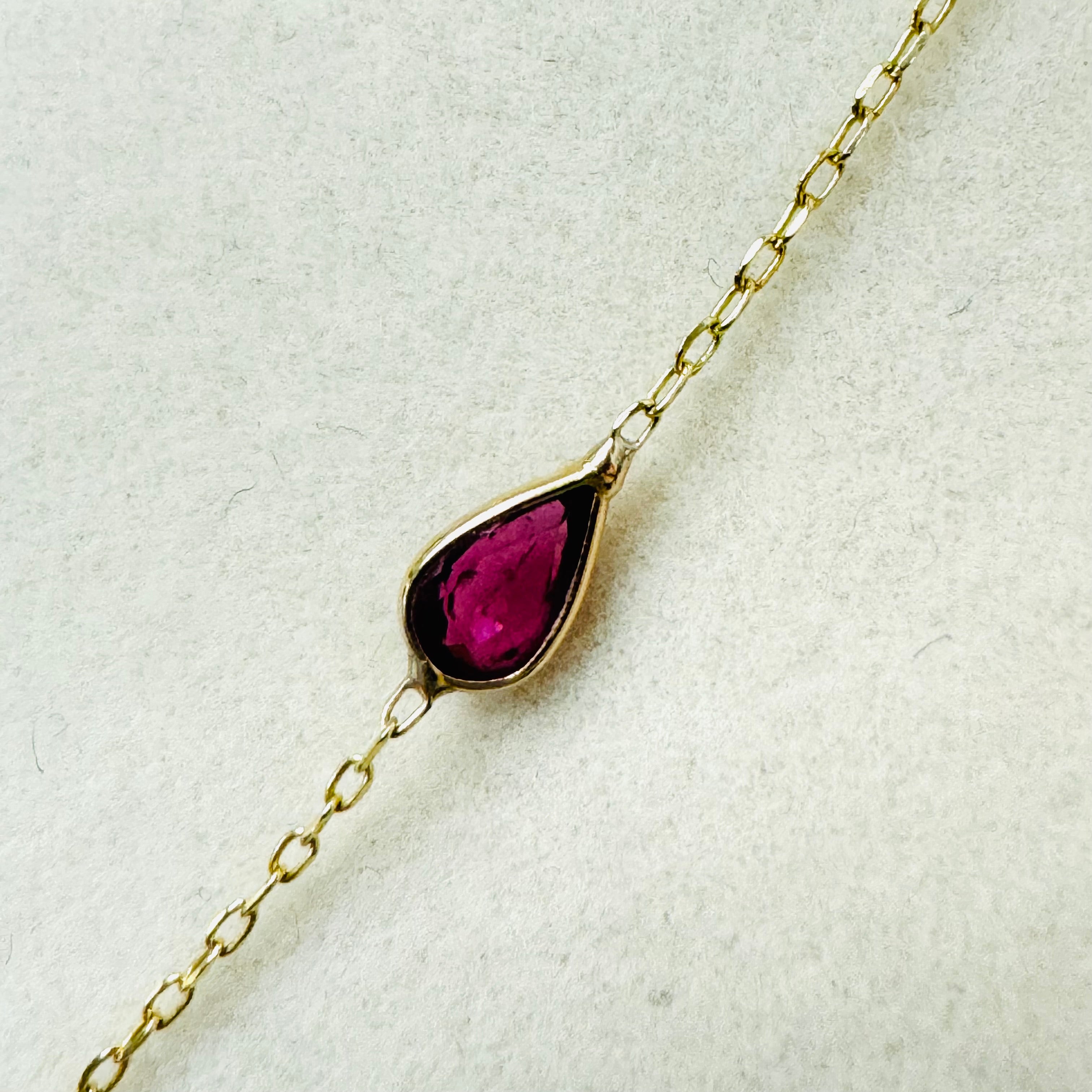 Pear Cut Ruby Hand Chain Bracelet in solid 14K Yellow Gold