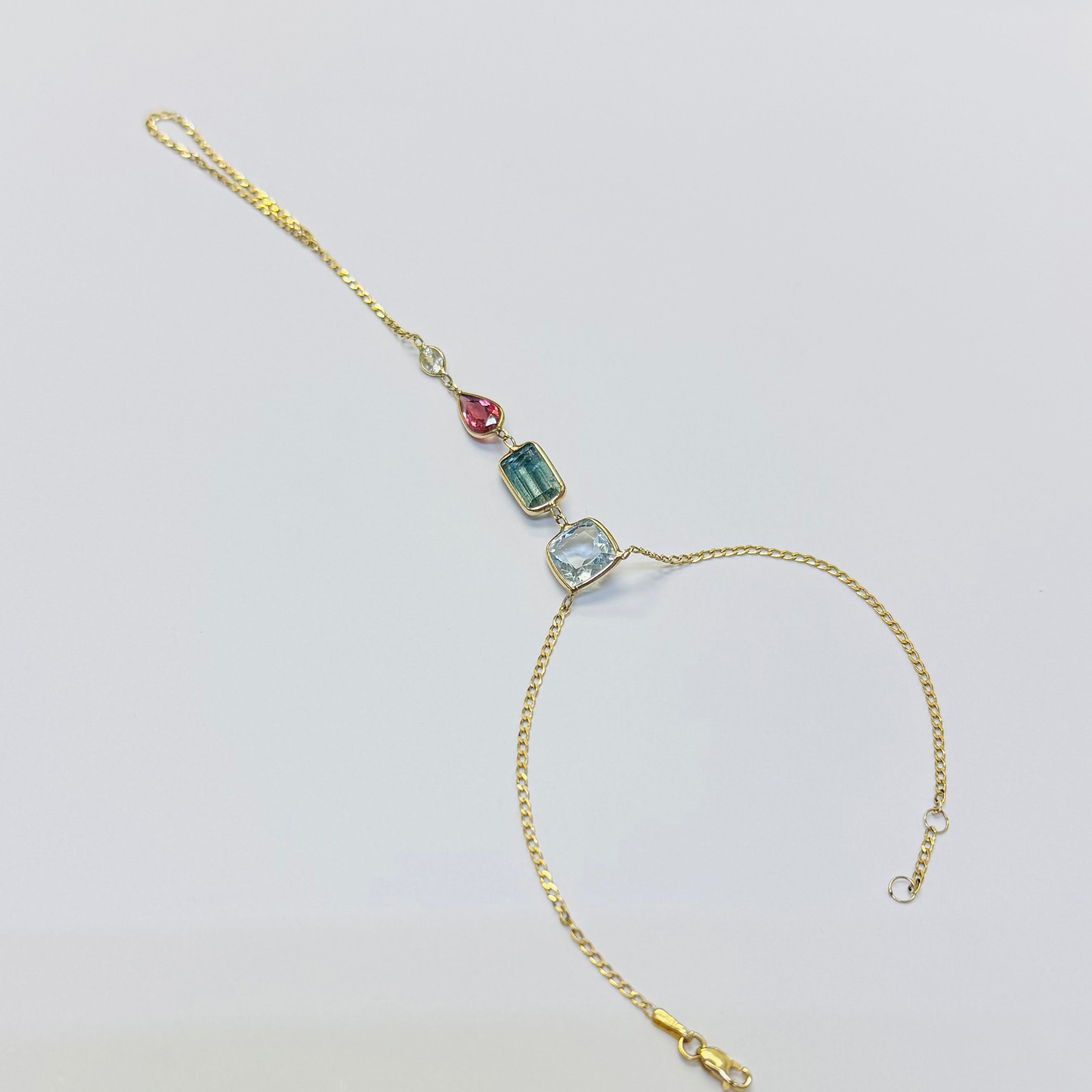 14K Yellow Gold Sapphire Aquamarine Tourmaline Handchain