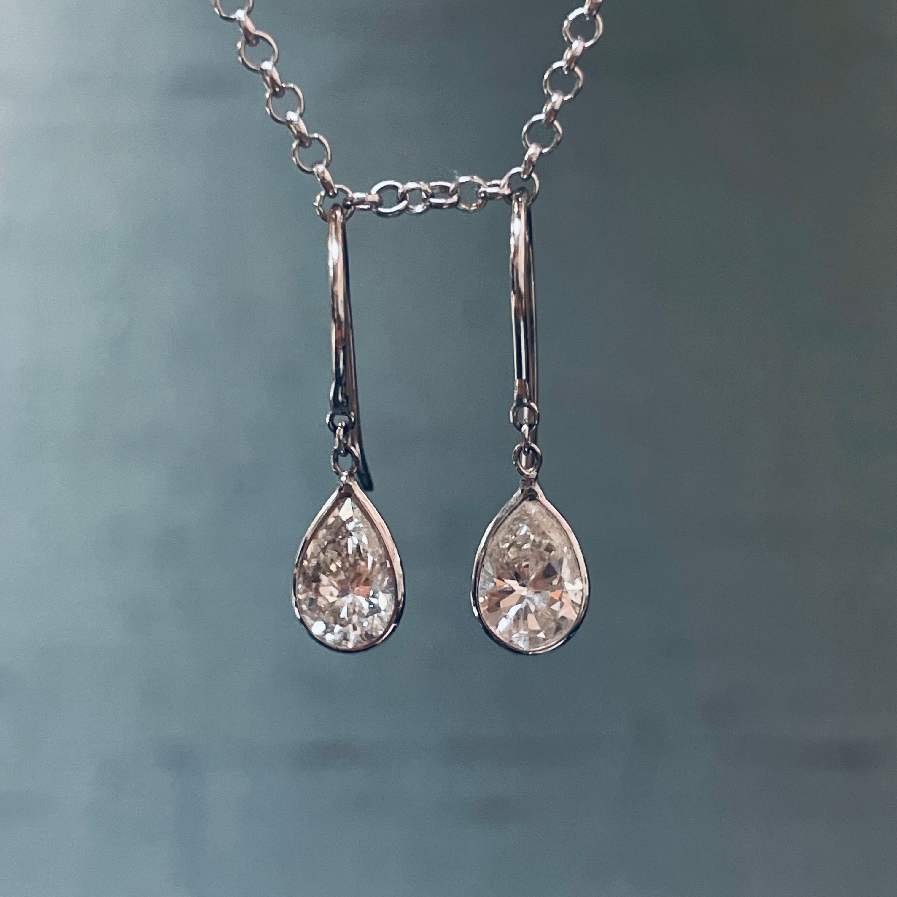 1CTW Diamond Bezeled Pear Shape 14K White Gold Dangling Earrings