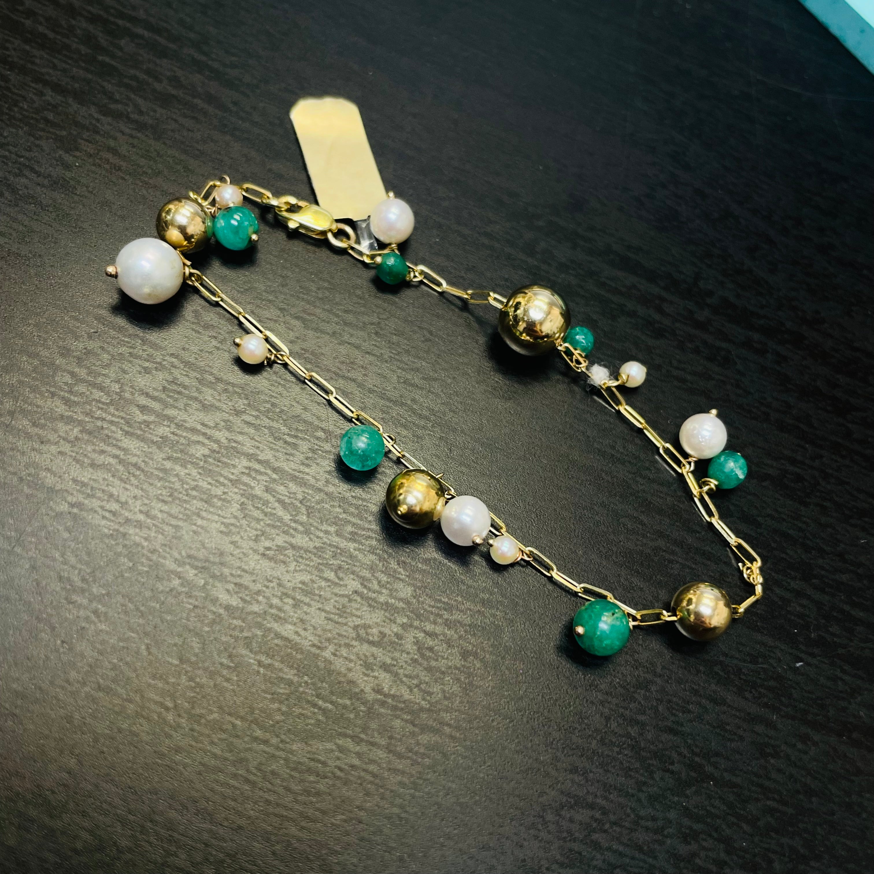 14K Yellow Gold Pearl and Emerald Orb Ball Bracelet 6.5”