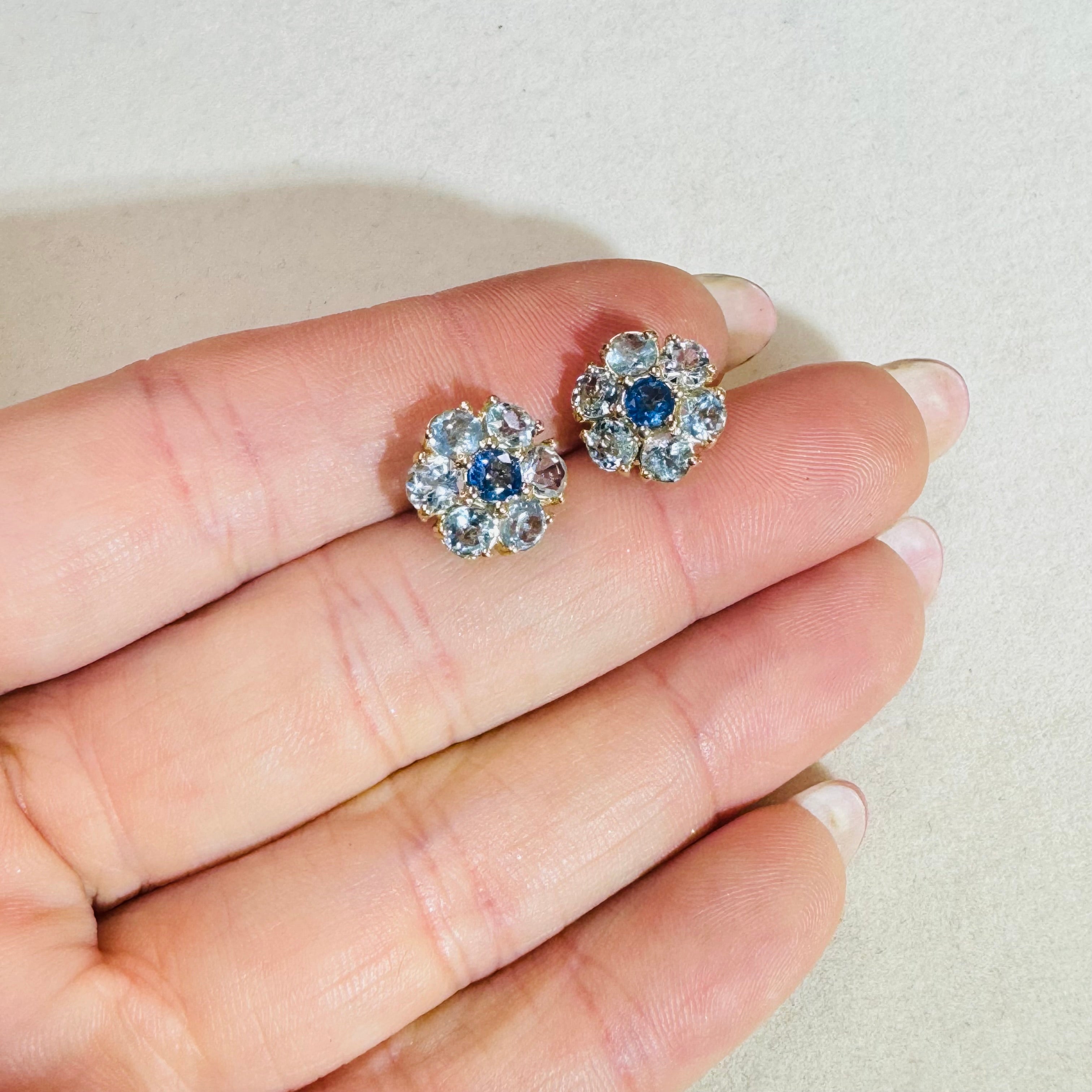 Natural Aquamarine and Sapphire Cluster Flower 14K Yellow Gold Stud Earrings