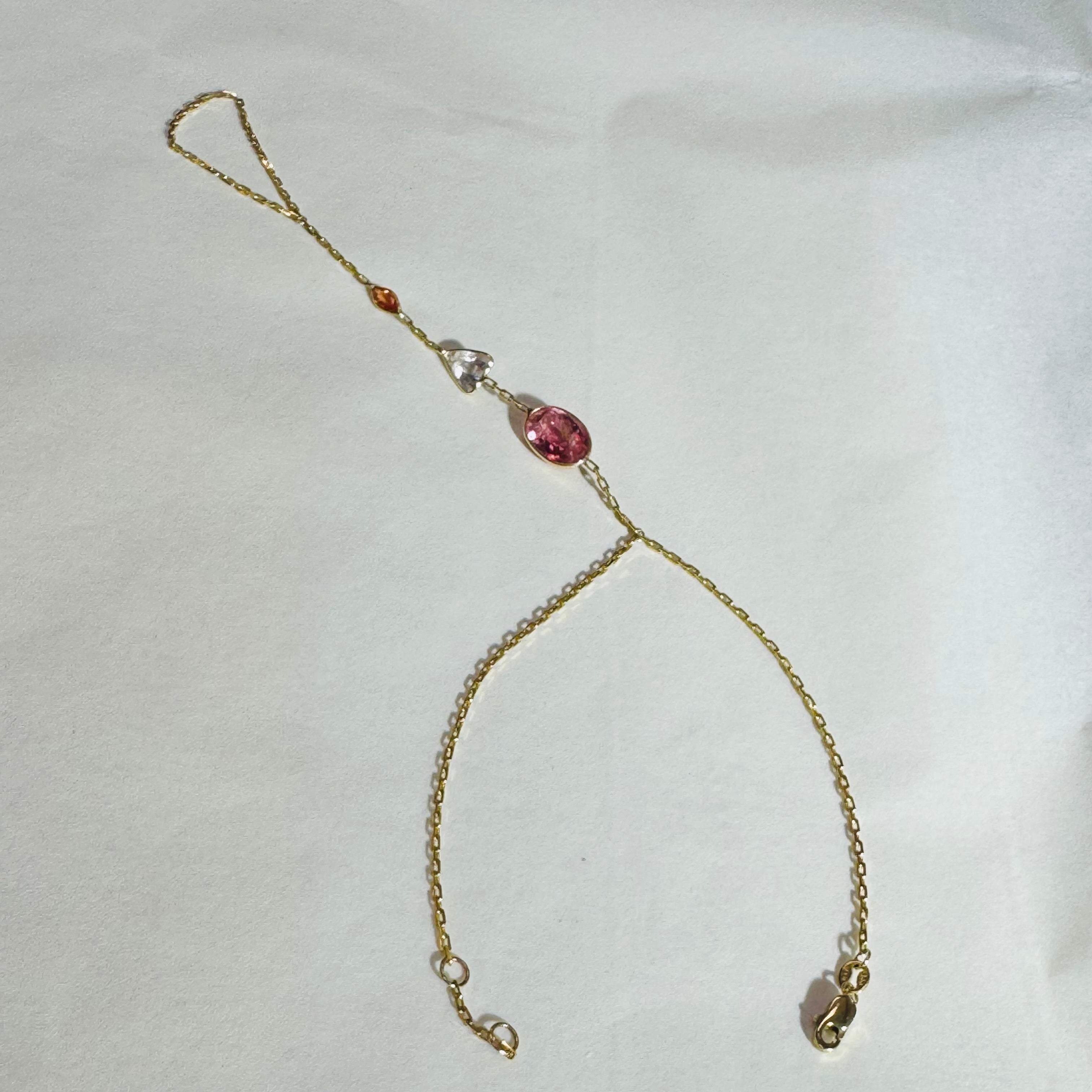14K Yellow Gold Peach Sapphire and Tourmaline Handchain