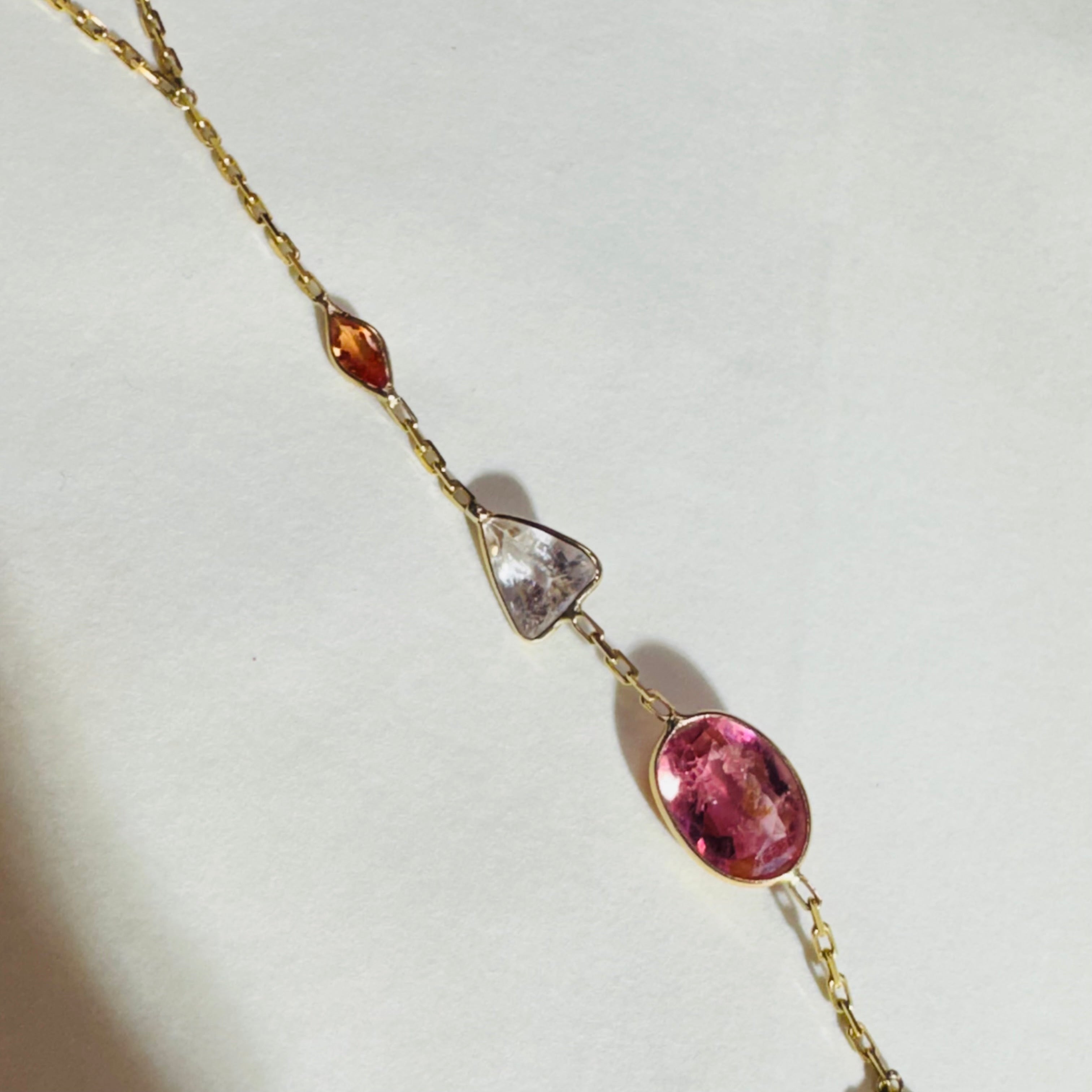 14K Yellow Gold Peach Sapphire and Tourmaline Handchain
