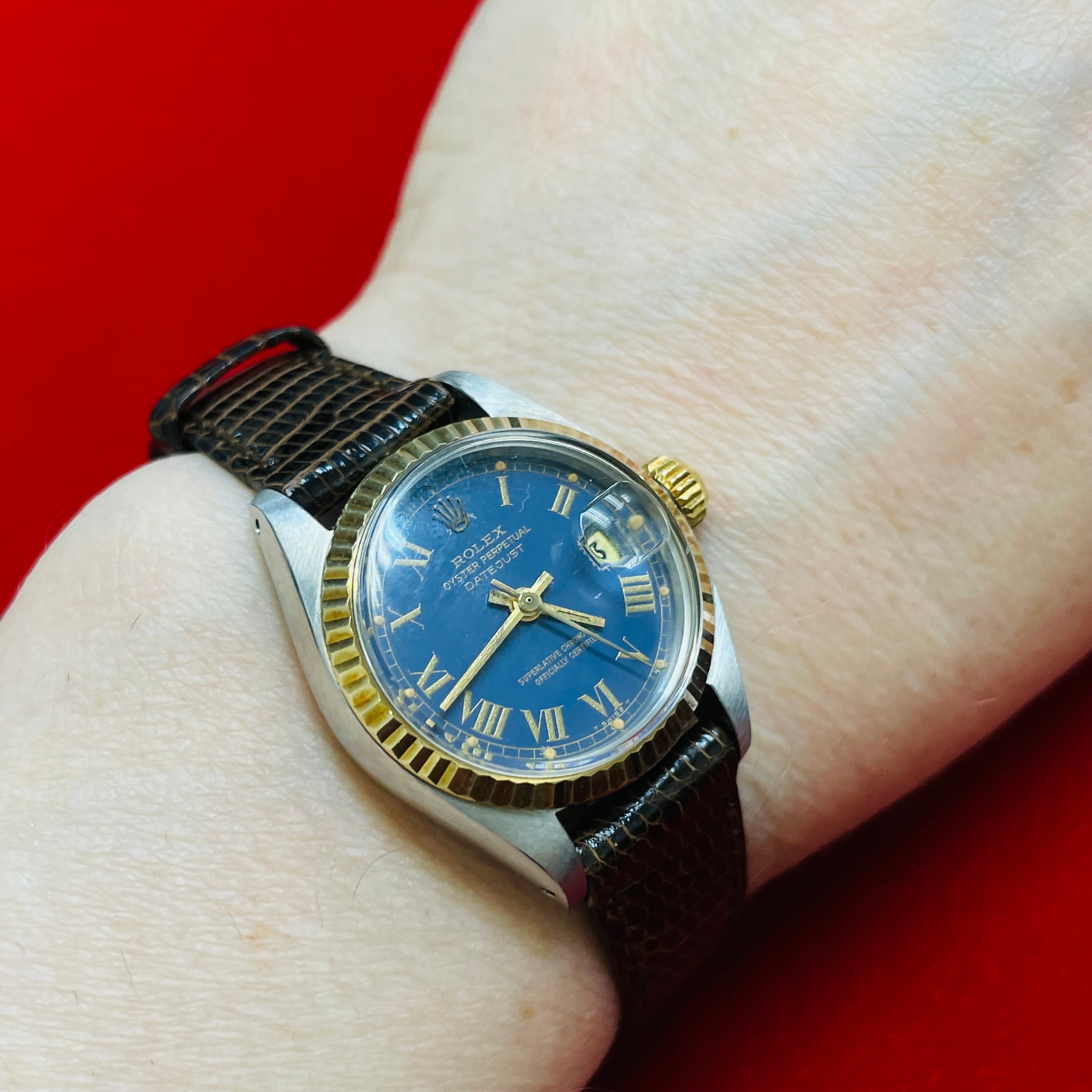 26mm Two Tone 18K Gold and Steel Rare Buckley Blue Dial Wristwatch with Leather