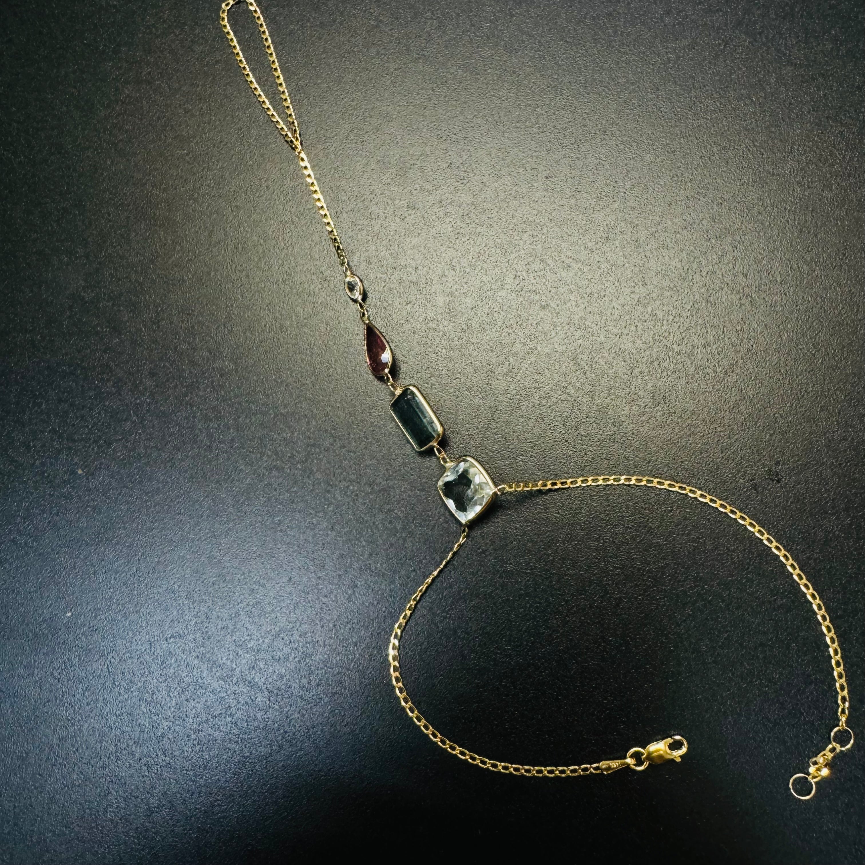 Multi Gem Aquamarine Tourmaline Sapphire 14K Yellow Gold Curb Link Handchain