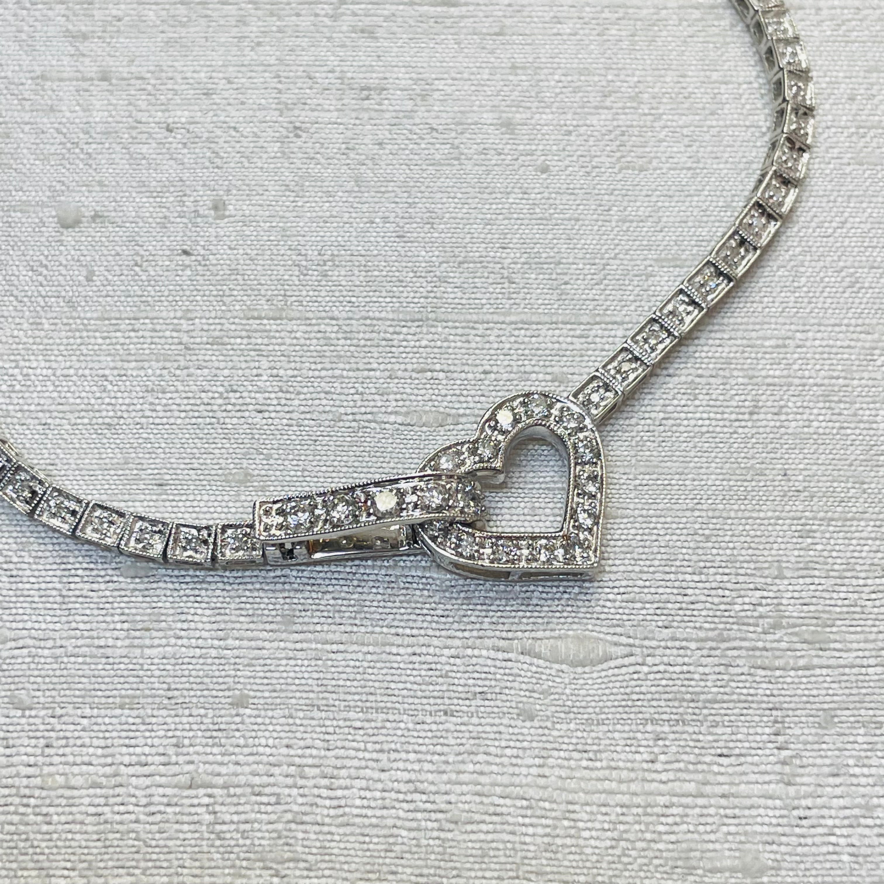 14K White Gold Natural Diamond Tennis Necklace with Heart Center
