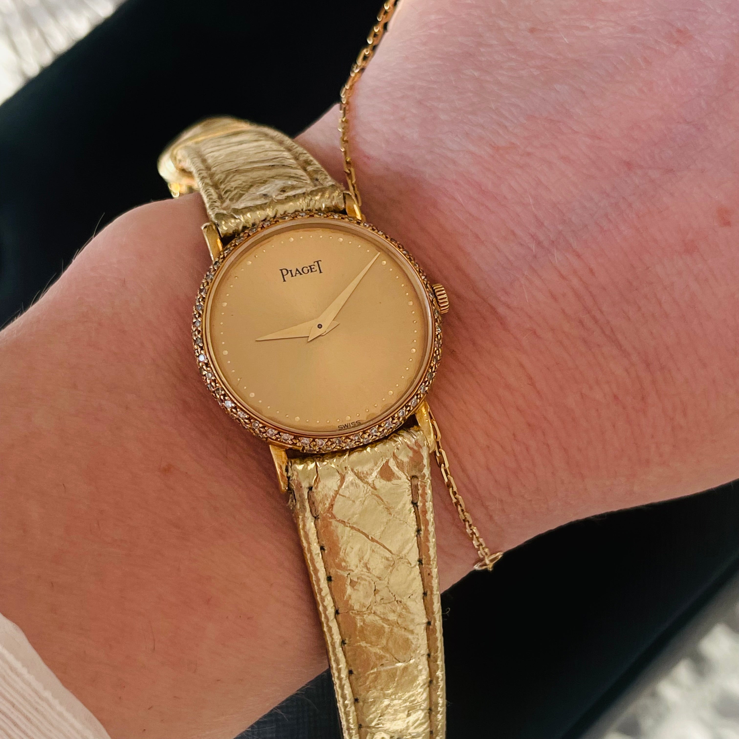 21mm Ladies Piaget 18K Yellow Gold Watch with Gold Snak eskin Strap