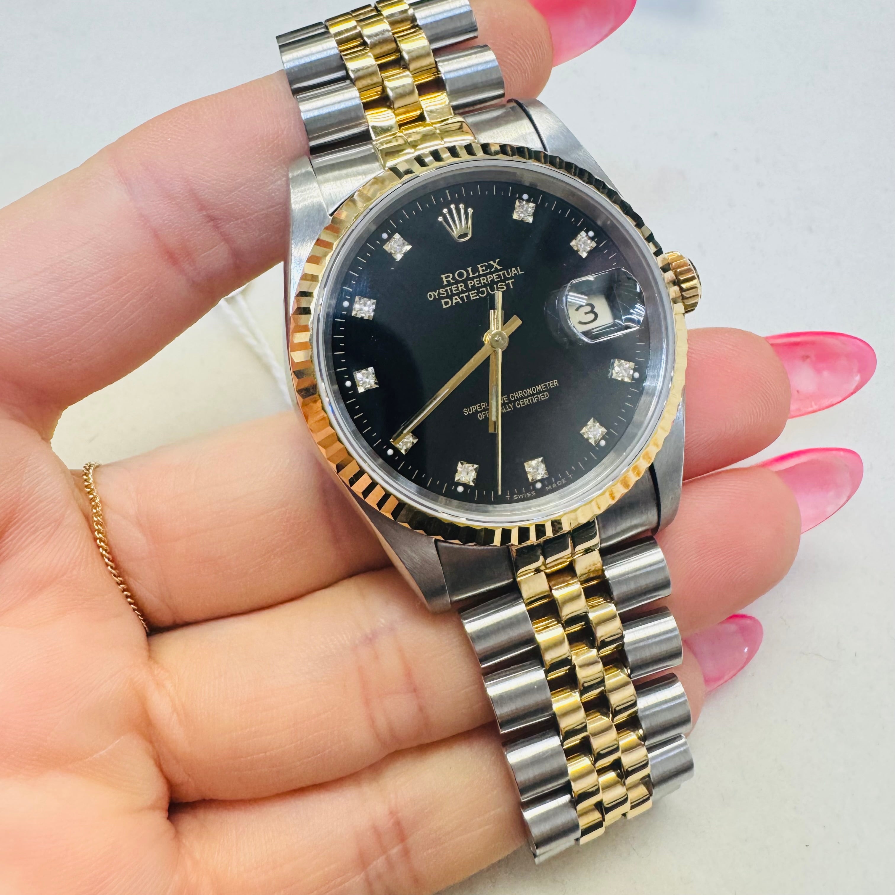 36MM 18K Yellow Gold SS DateJust Factory Black Diamond Dial 16233 1991