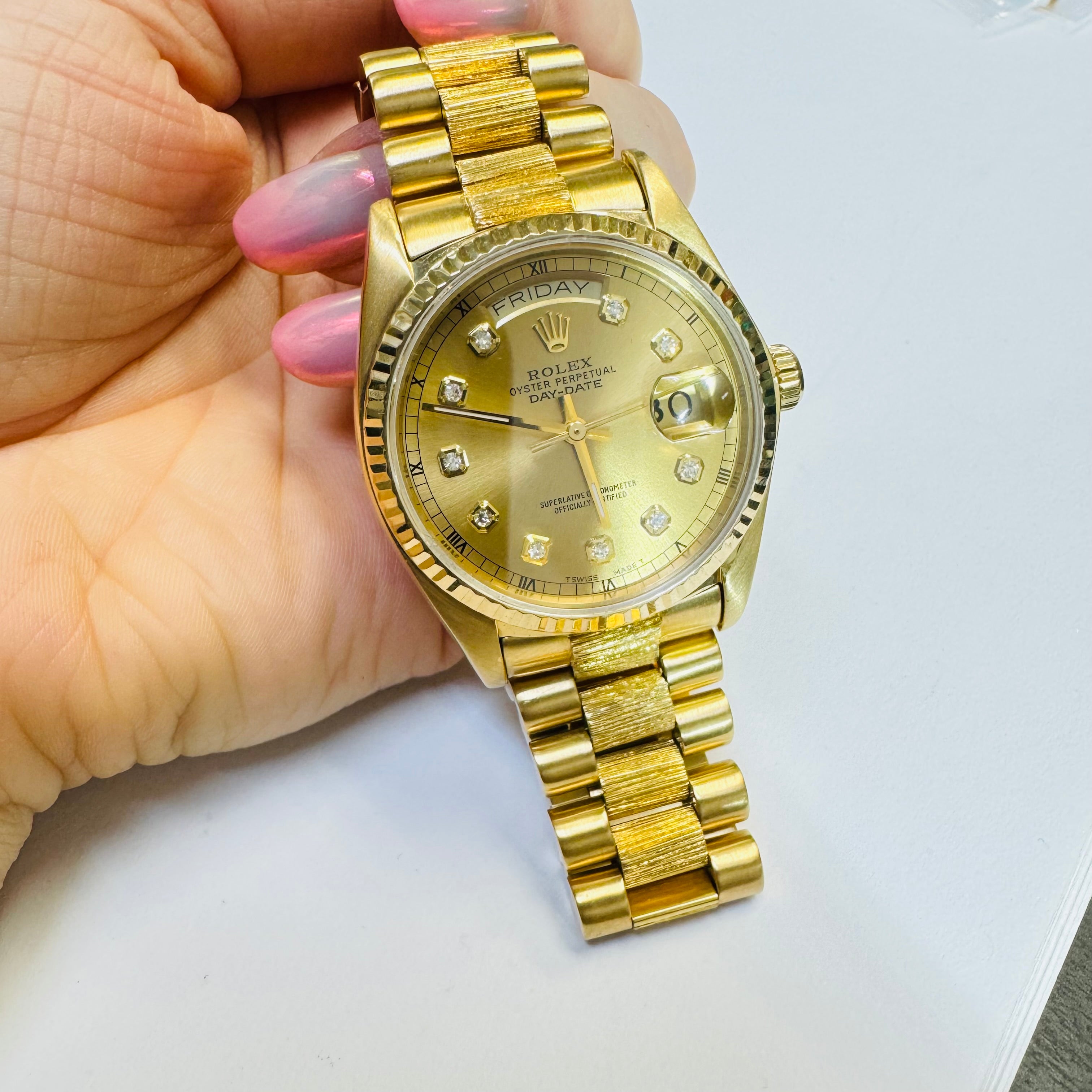 36mm Solid 18K Yellow Gold Day Date Rolex President Watch 1979