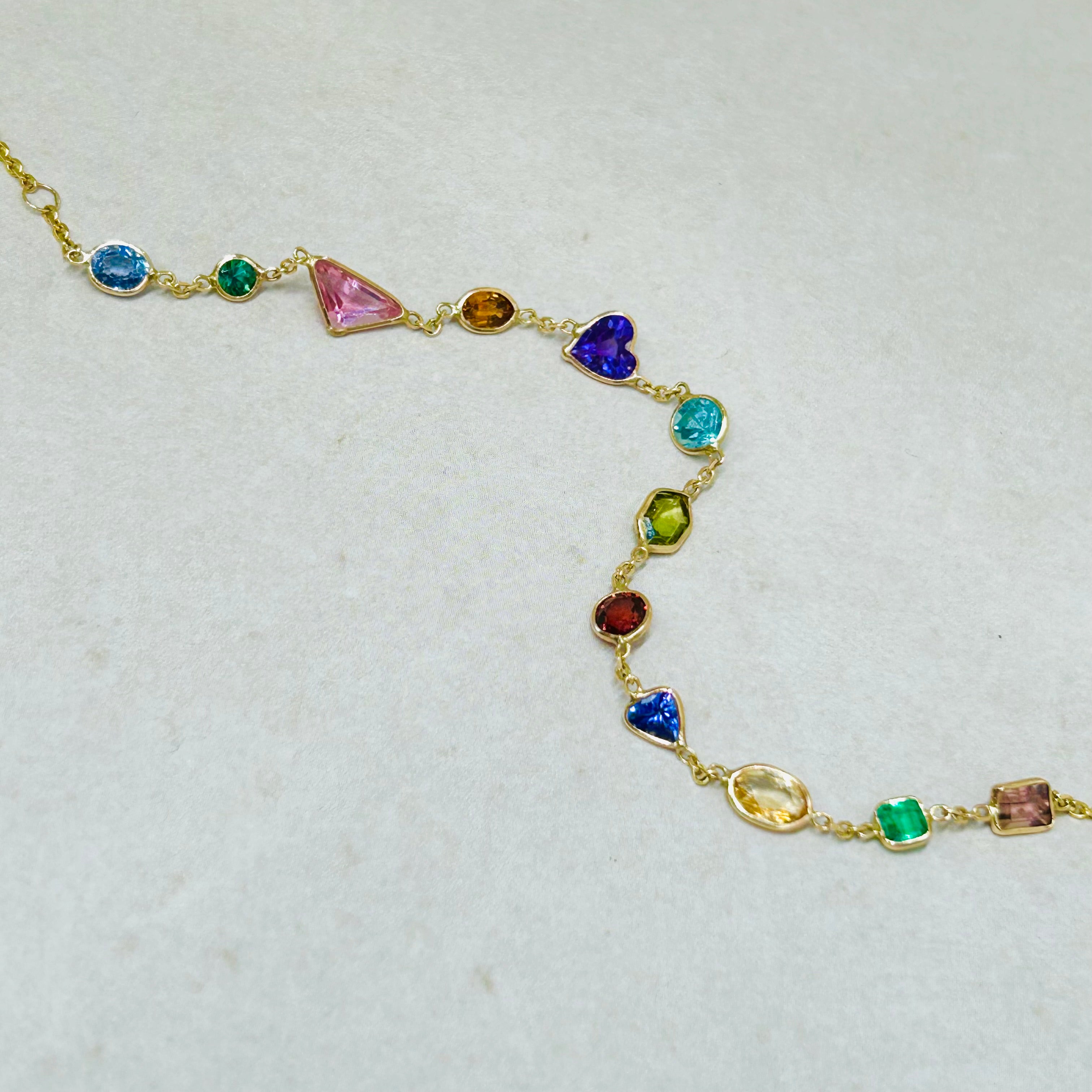 Beautiful Rainbow Colorful Multishape Gem 14K Yellow Gold Bracelet 7.25”