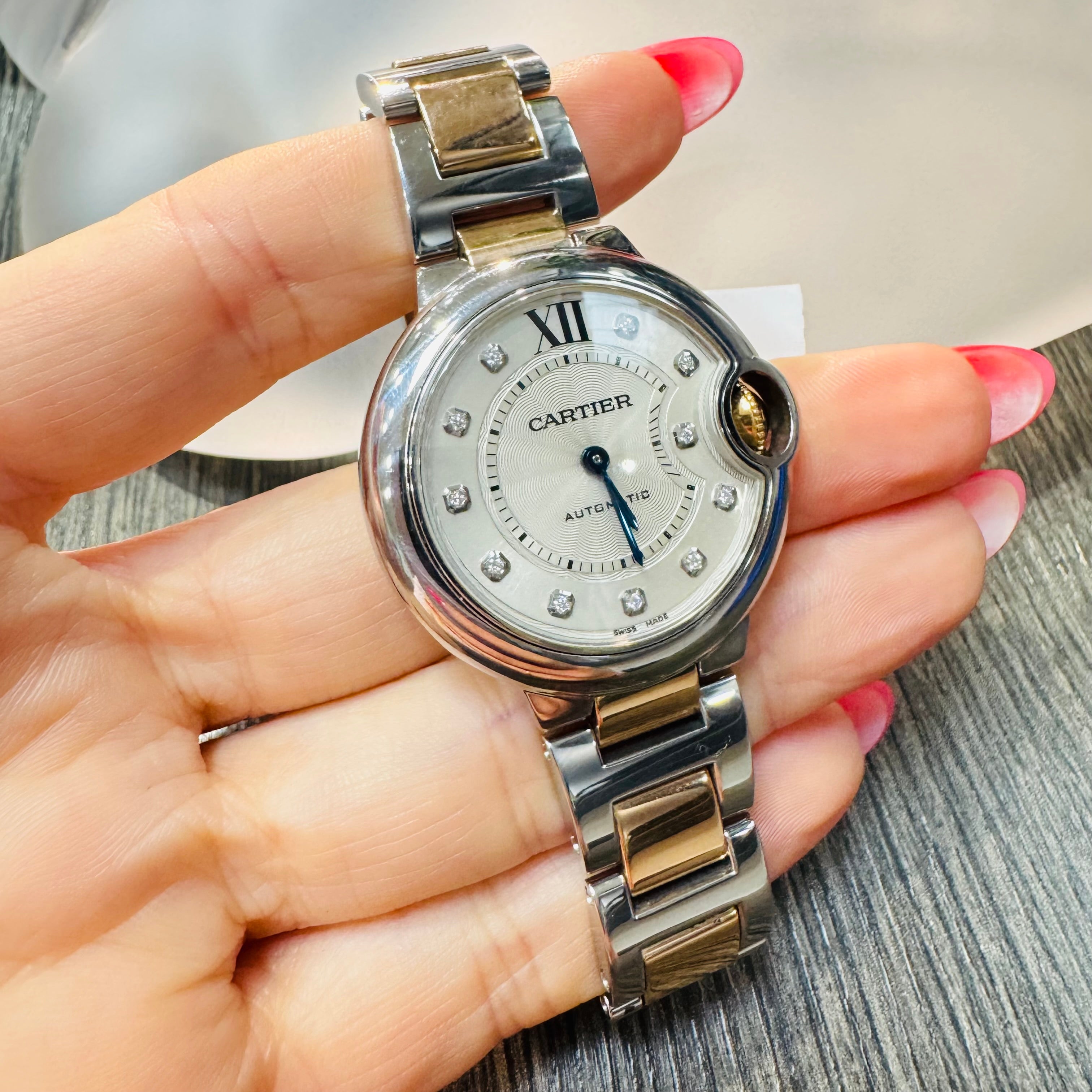Cartier 33mm  Rose Gold And Stainless Steel Diamond Ballon Bleu Watch