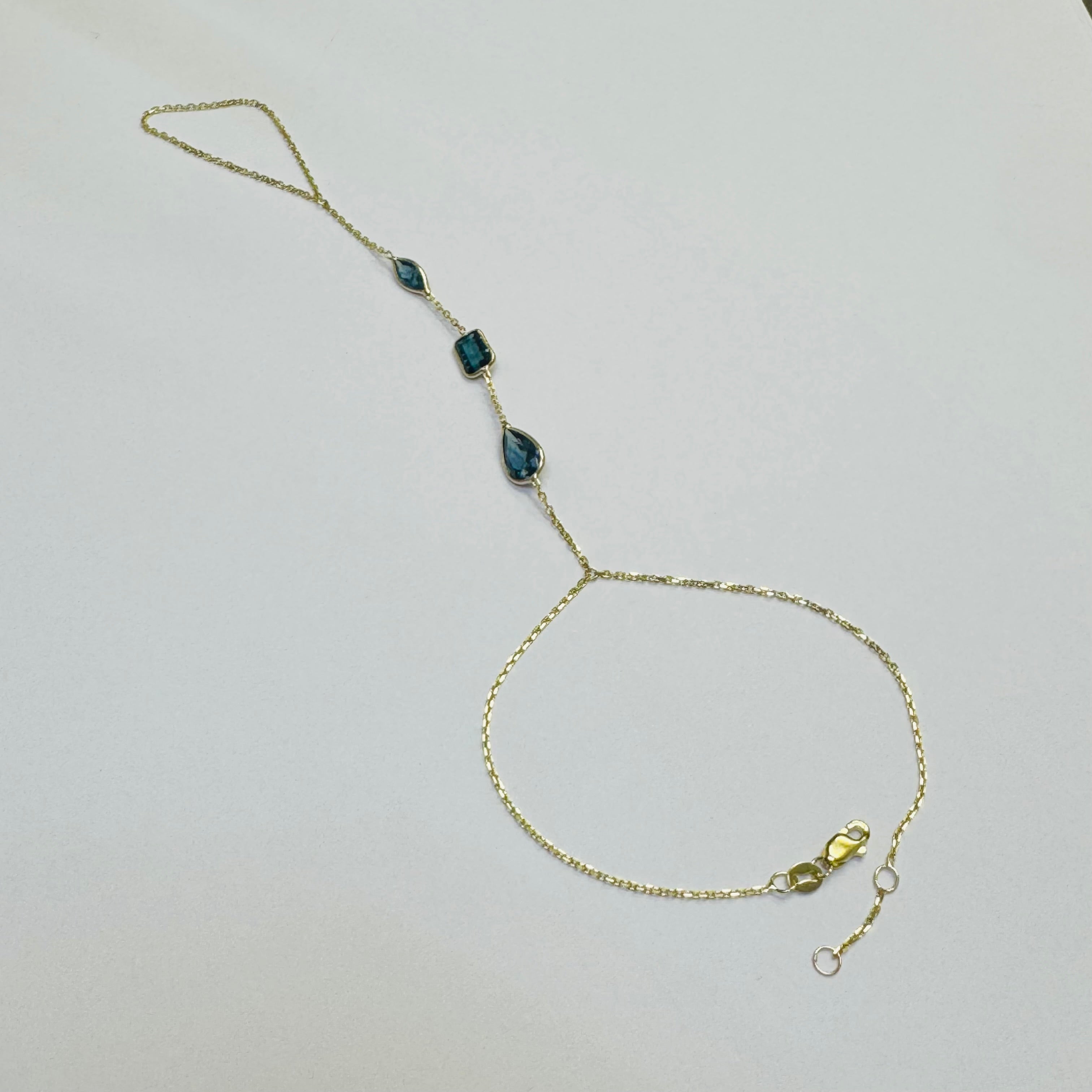 14K Yellow Gold Multi Teal Blue Tourmaline Handchain