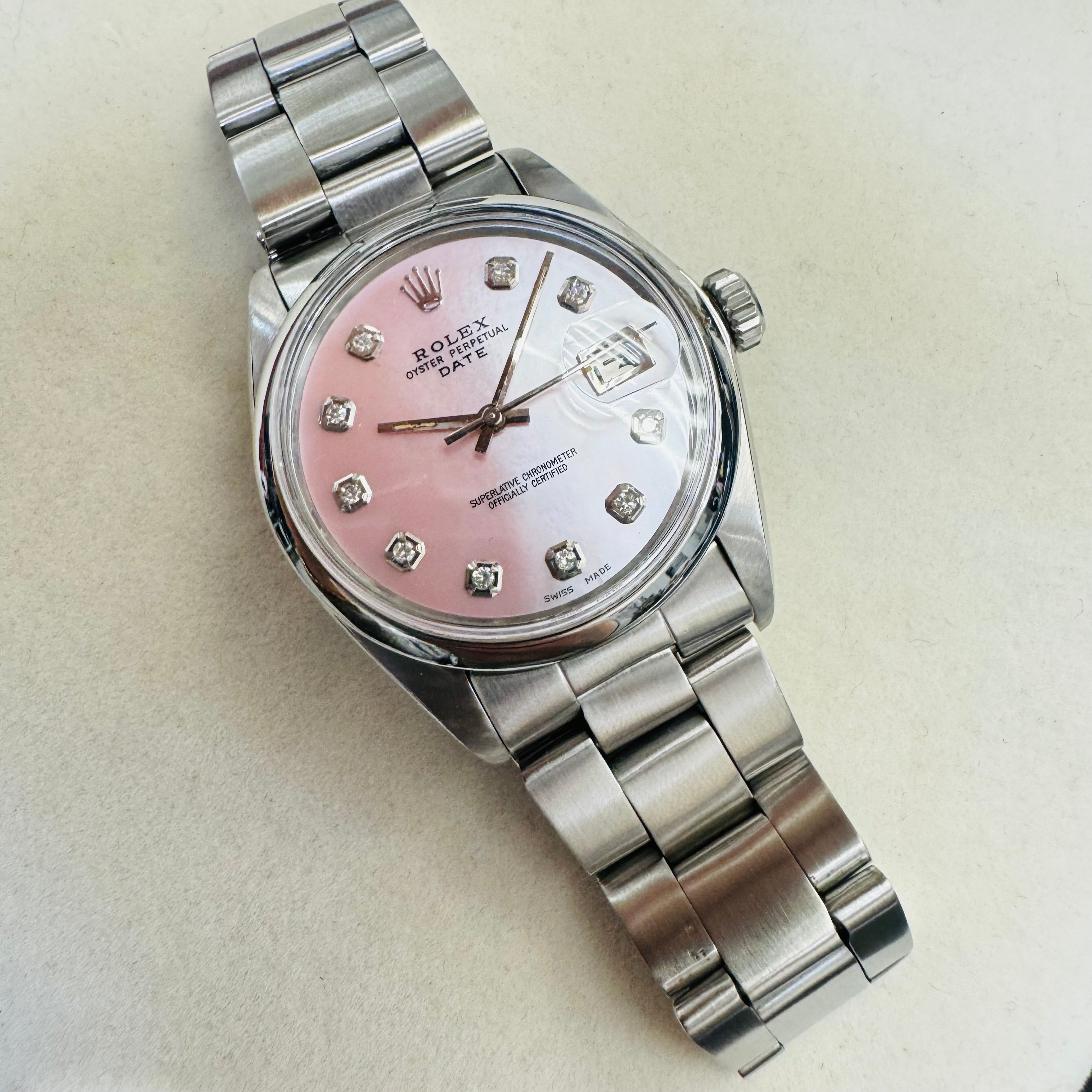 34mm Stainless Rolex Date Pink Mother of Pearl Diamond Dial Watch Year 1974