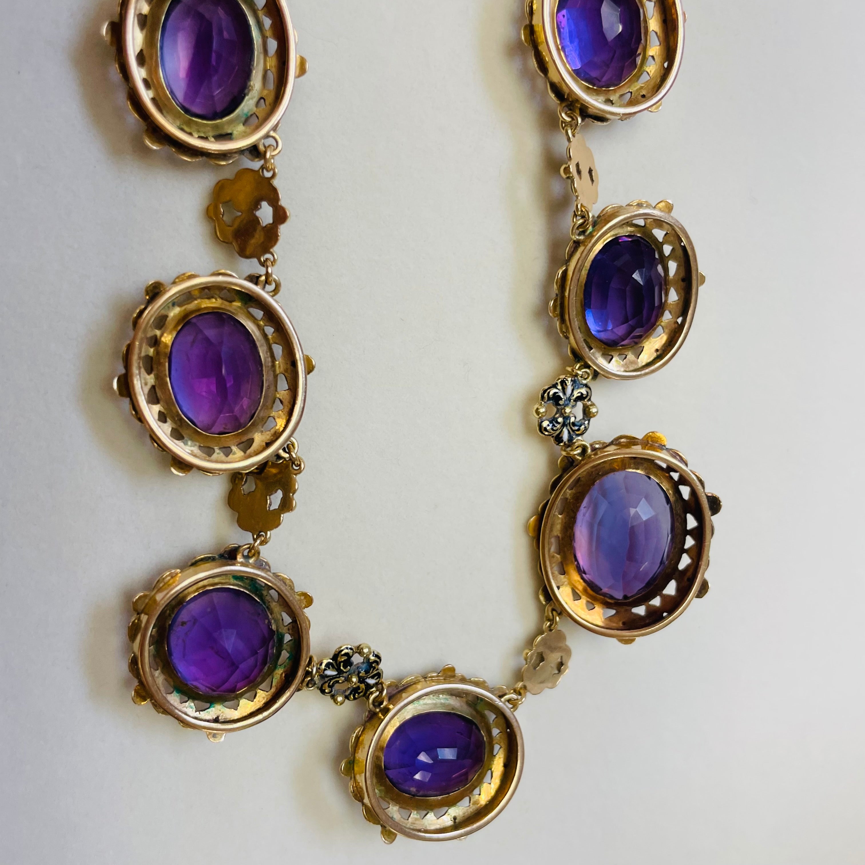 Magnifient! Victorian Necklace Earring Festoon Set 14K Gold Enamel and Amethyst