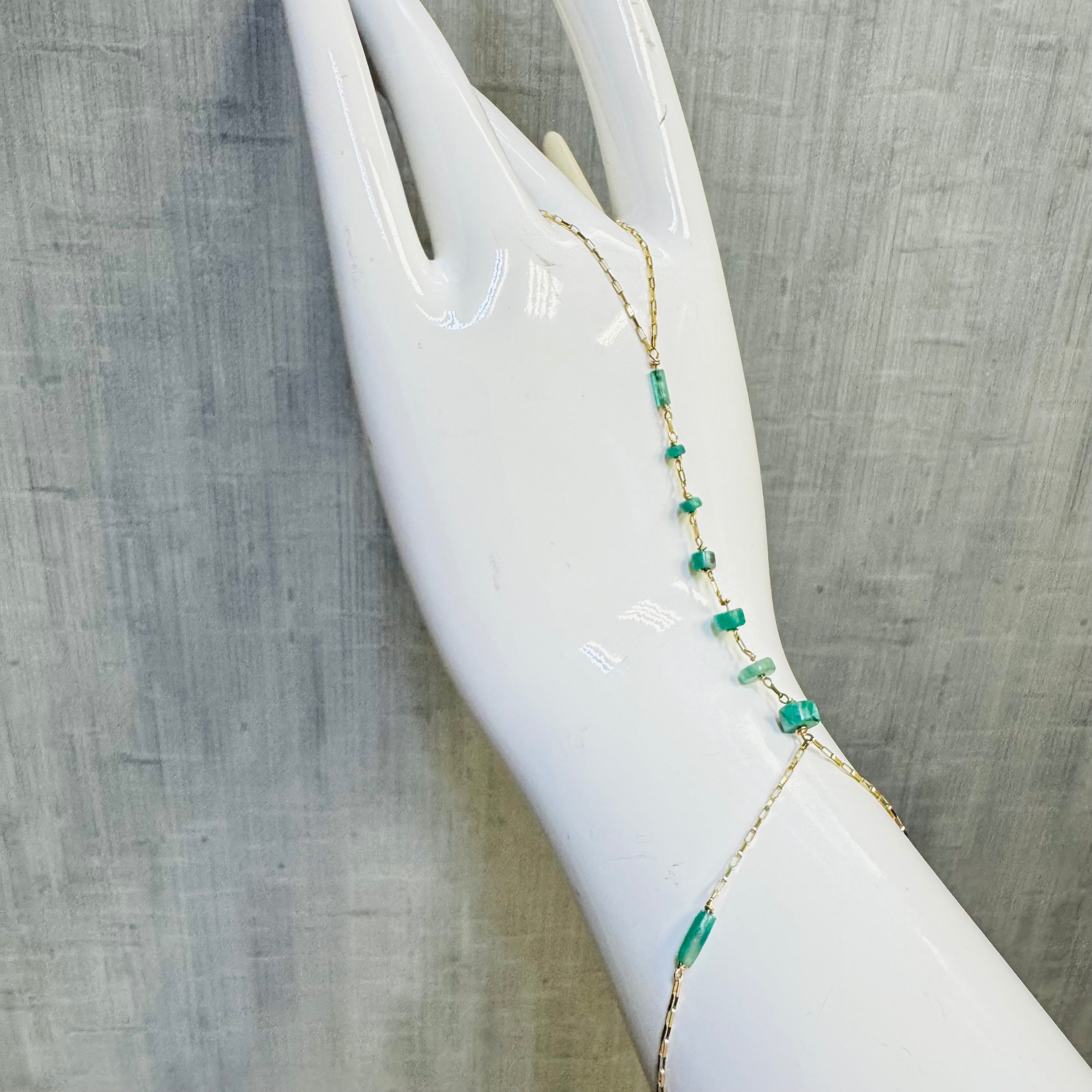 Colombian Emerald Bead Handchain 14k Yellow Gold